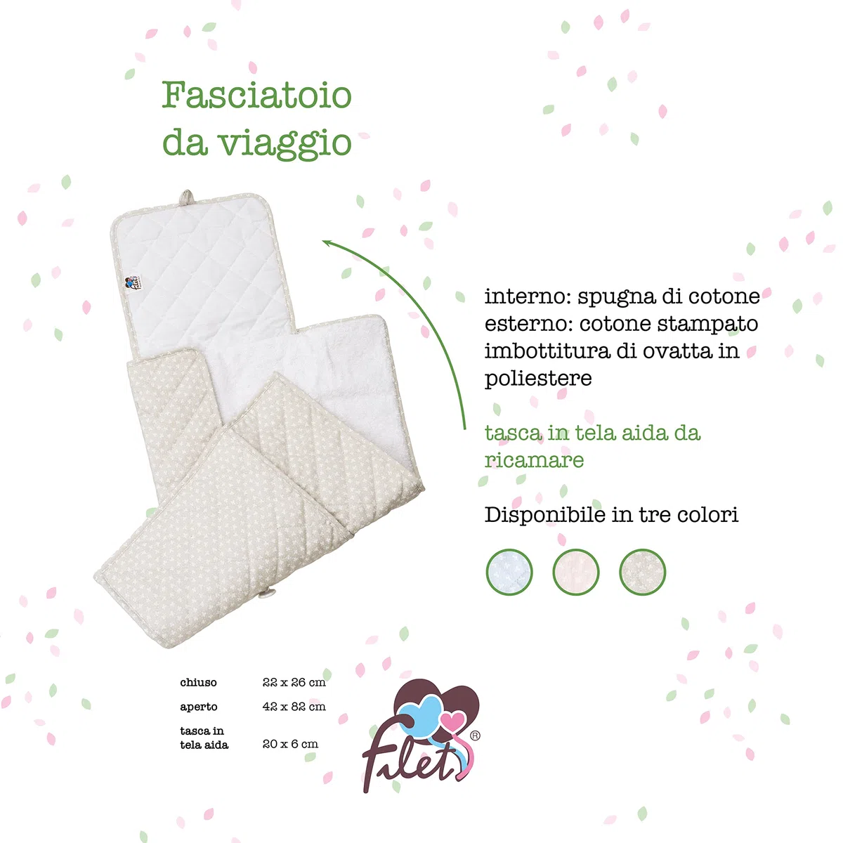 FILET - Cambiador de Ropa de Viaje, Cambiador Portátil para Cambio de Pañales, Realizado en Algodón Acolchado, con Bolsillo en Tela Aida para Bordar, Made in Italy, Trébol Paloma
