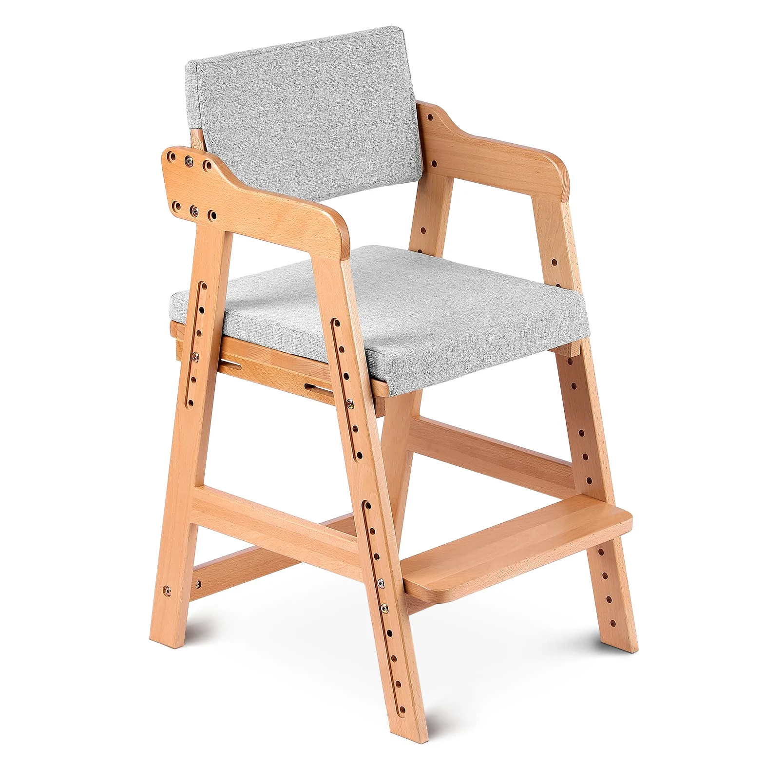 Ezebaby Trona de madera de haya para niños, silla de profesor de 6 niveles de altura regulable, estable y segura hasta 90 kg para niños y adultos (Color madera)