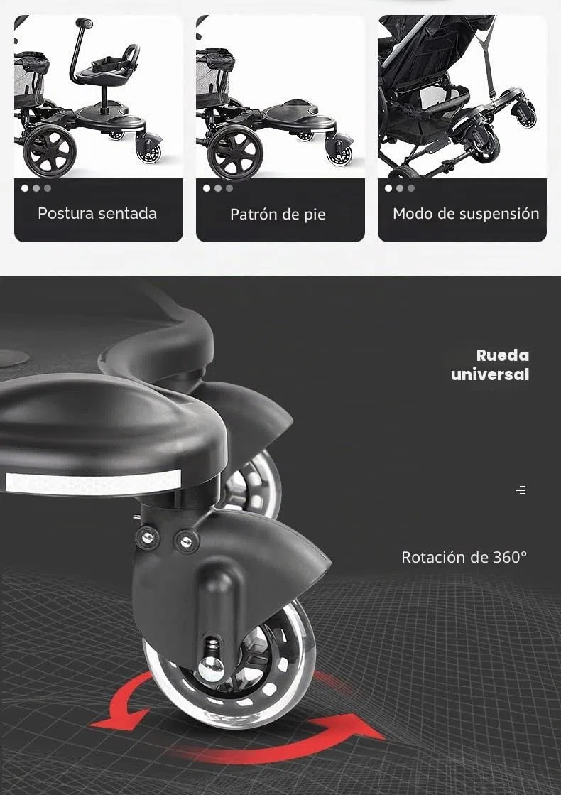 Tabla de cochecito con asiento, tabla de pie, tabla de cochecito para niños pequeños, diseño estable de dos ruedas con asiento, tabla de pie que se adapta a cualquier cochecito (2 en 1 negro)