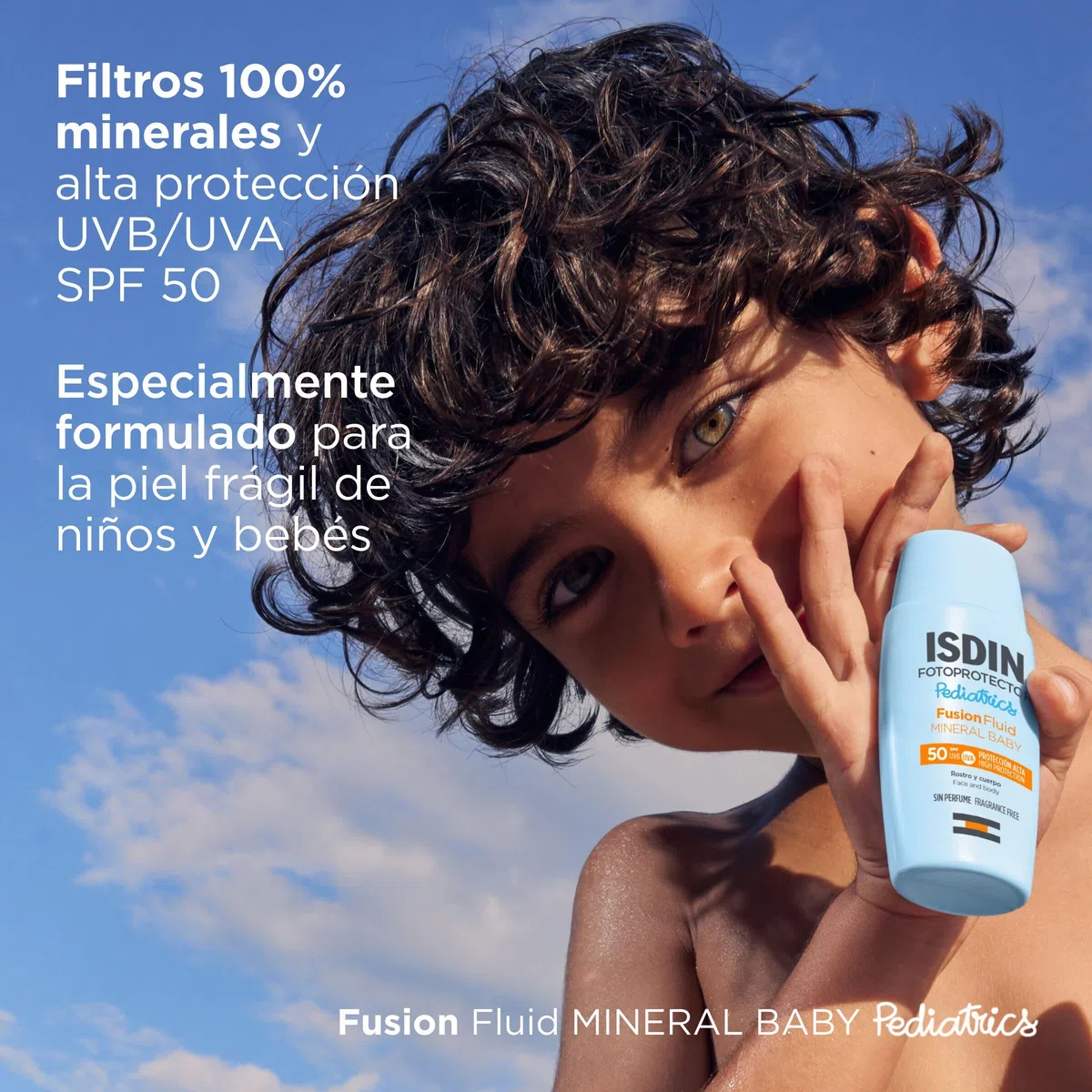 ISDIN Fotoprotección Fusion Fluid Mineral Baby Pediatrics SPF 50, Protector Solar Sin Filtros Químicos, 100% Mineral, indicado para el Cuerpo y el Rostro de Niños y Bebés, 50 ml