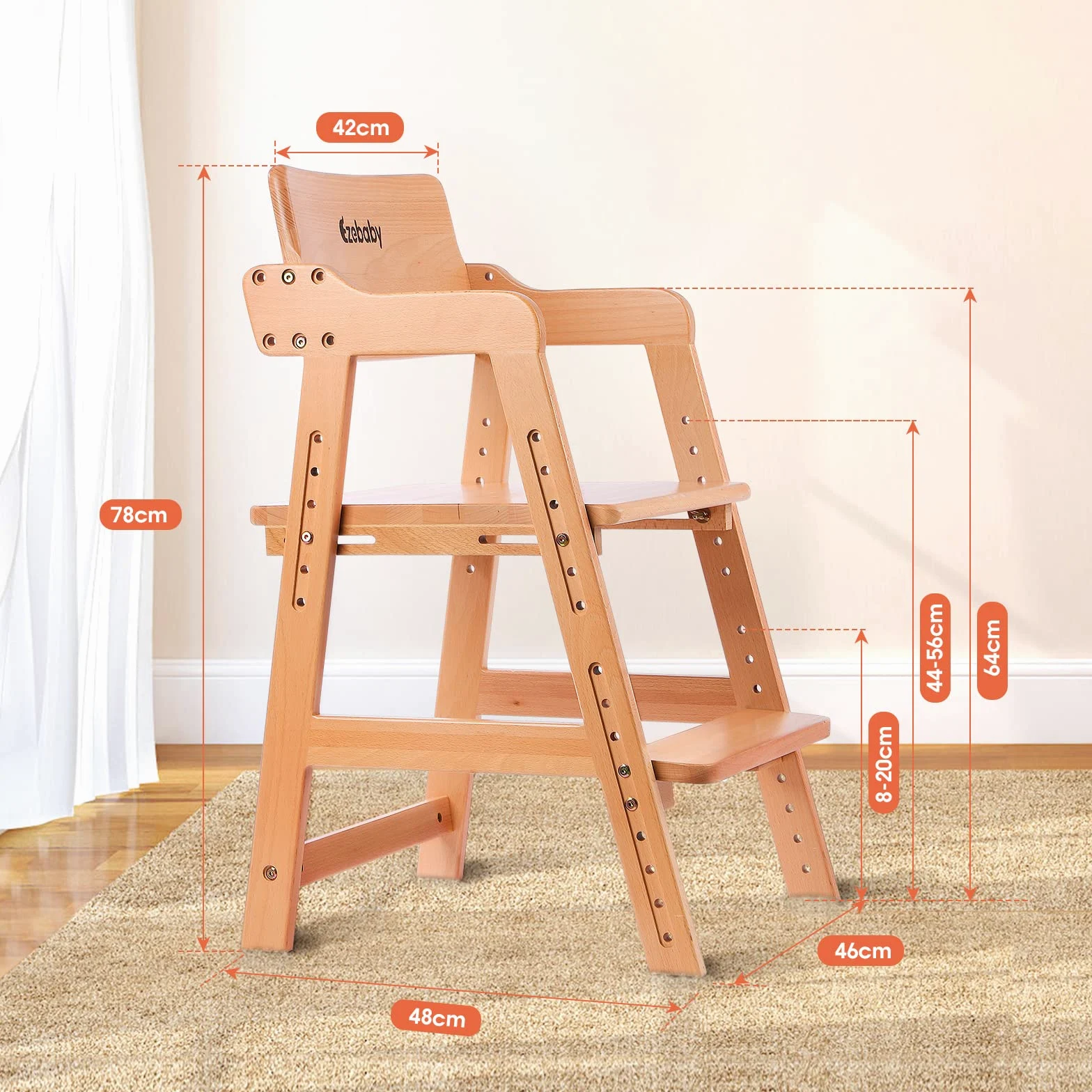 Ezebaby Trona de madera de haya para niños, silla de profesor de 6 niveles de altura regulable, estable y segura hasta 90 kg para niños y adultos (Color madera)