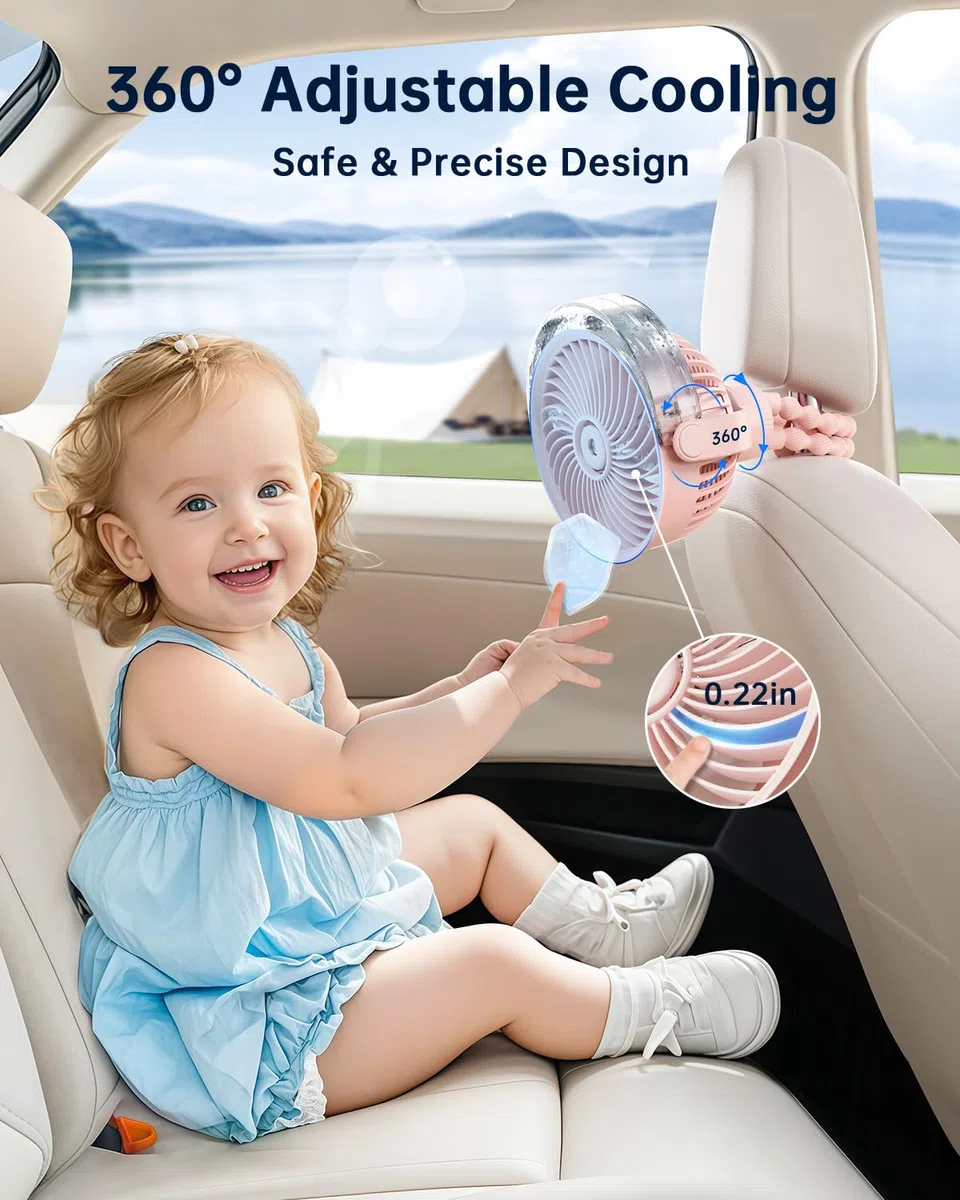 SWEETFULL Ventilador para cochecito de bebé portátil con refrigeración por pulverización, 4 velocidades, ventiladores recargables silenciosos para viajes, al aire libre, carrito de golf, asiento de