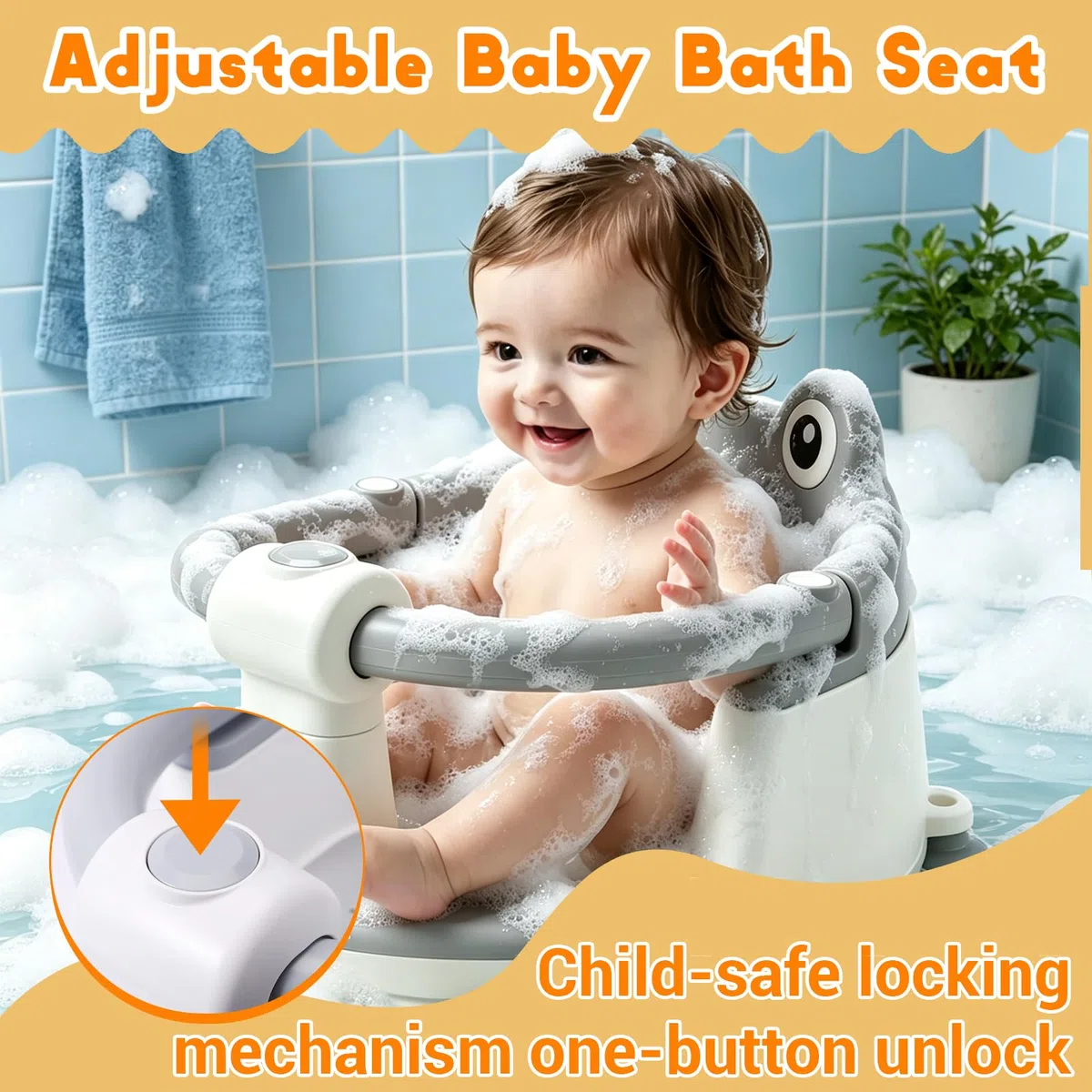Asiento de Baño para Bebés desde 6 Meses, Diseño Antideslizante con 4 Ventosas Resistentes para Máxima Estabilidad, Construcción Portátil & Segura para Ducha o Bañera, Bebés
