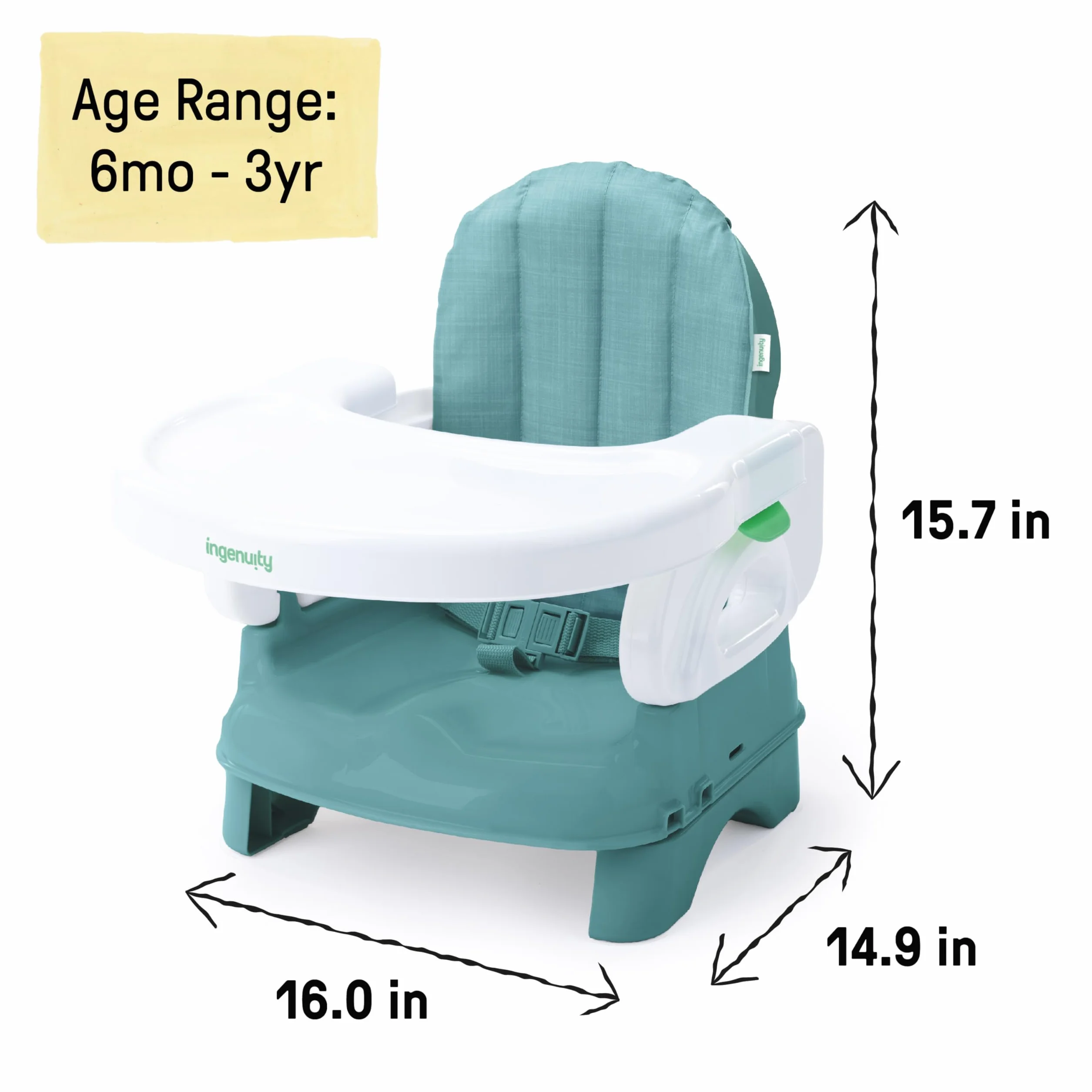 Ingenuity, Trona Portátil Bebé Deluxe Comfort Folding Baby Booster Seat - Altura Ajustable - Acolchado - Teal - 6M-3Y