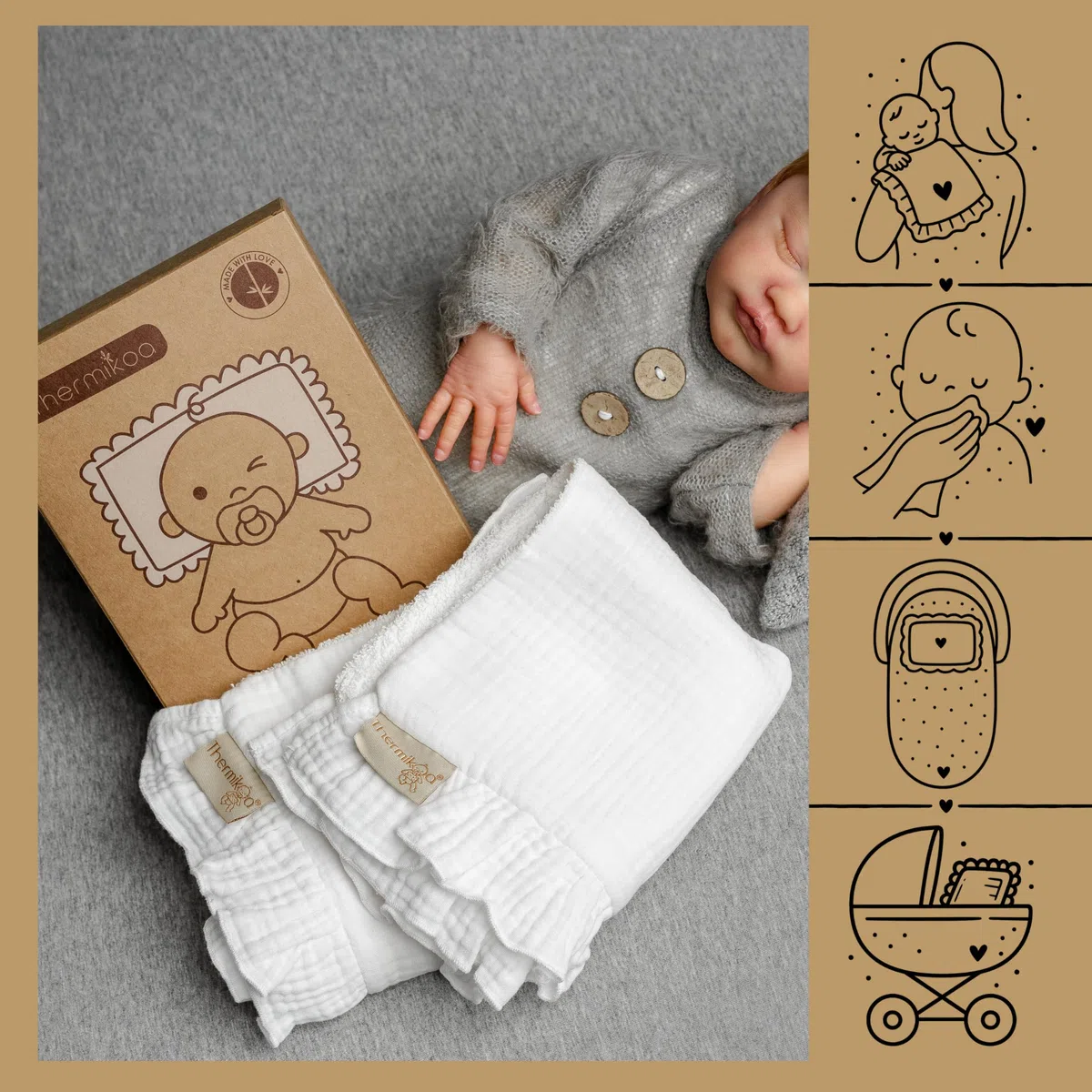 Thermikoa Salvababas Bebe Capazo, Pack de Muselinas de Algodón para Proteger el Colchón y el Hombro, Multiusos, Paños Lactancia Doble Capa de Tela de Muselina y Rizo Algodón (Pack 2 Salvababas)
