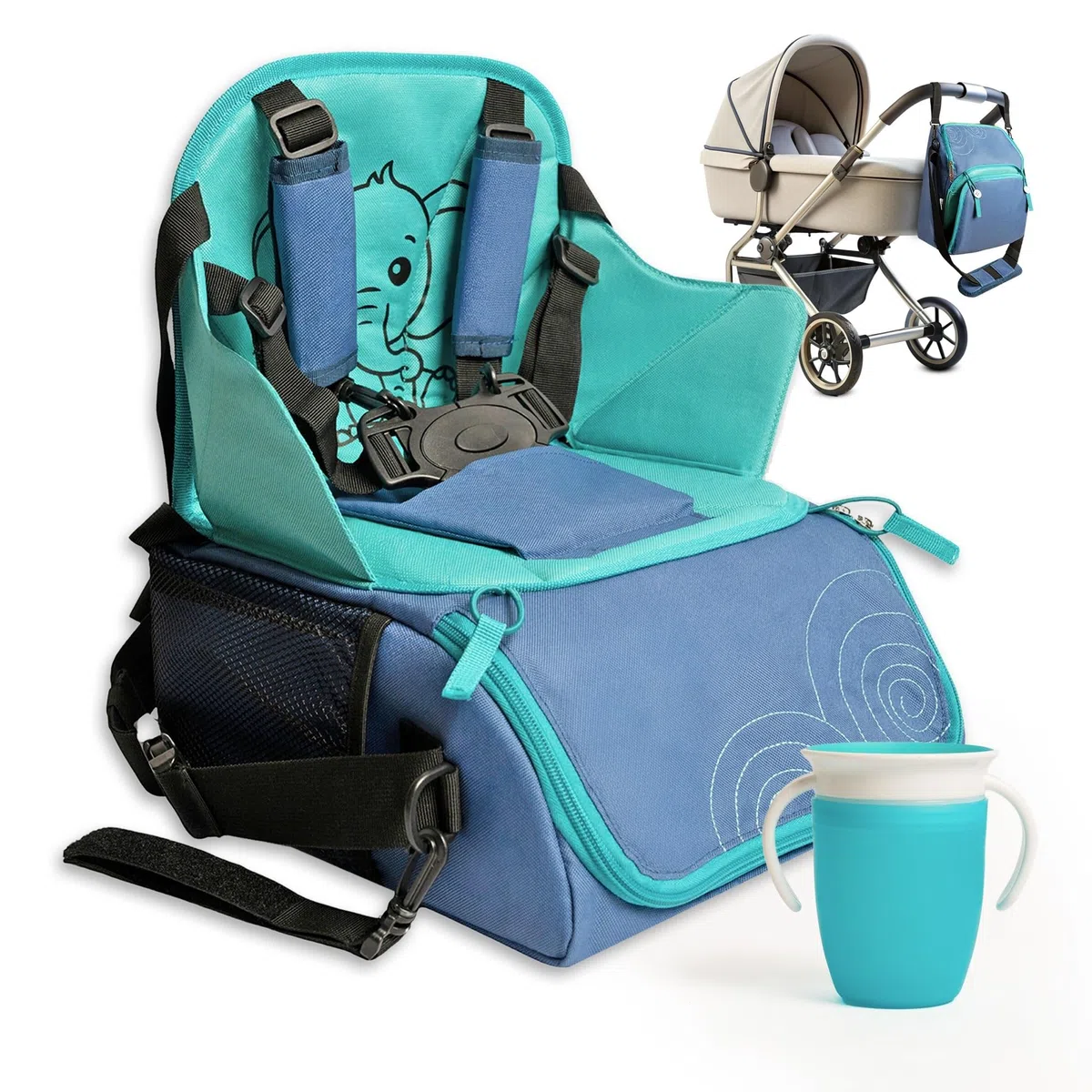 Trona Portatil Bebe con Arnés de 5 Puntos y Vaso de Aprendizaje - Alzador Silla para Niños de 6 a 36 Meses