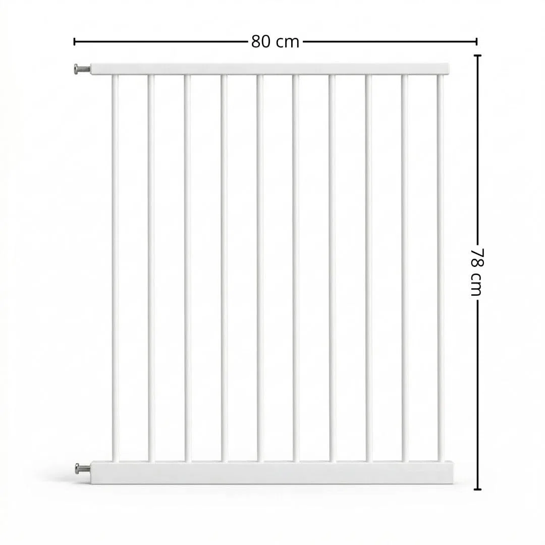 Barrera de Seguridad para Niños y Mascotas, 75-84cm, Instalación Sin Tornillos, Sistema de Cierre Automático, Giro Bidireccional, para Puertas, Pasillos y Escaleras (Blanco, Extensión 80cm)