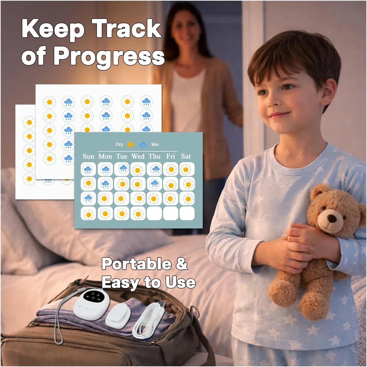 Alarma Enuresis para Niños y Personas Mayores de MMOBIEL – Compacta Sensor de Humedad con Cable y Clip – Sonido, Vibración y Luz – Recargable USB – Volumen Ajustable – Entrenamiento para ir al Baño