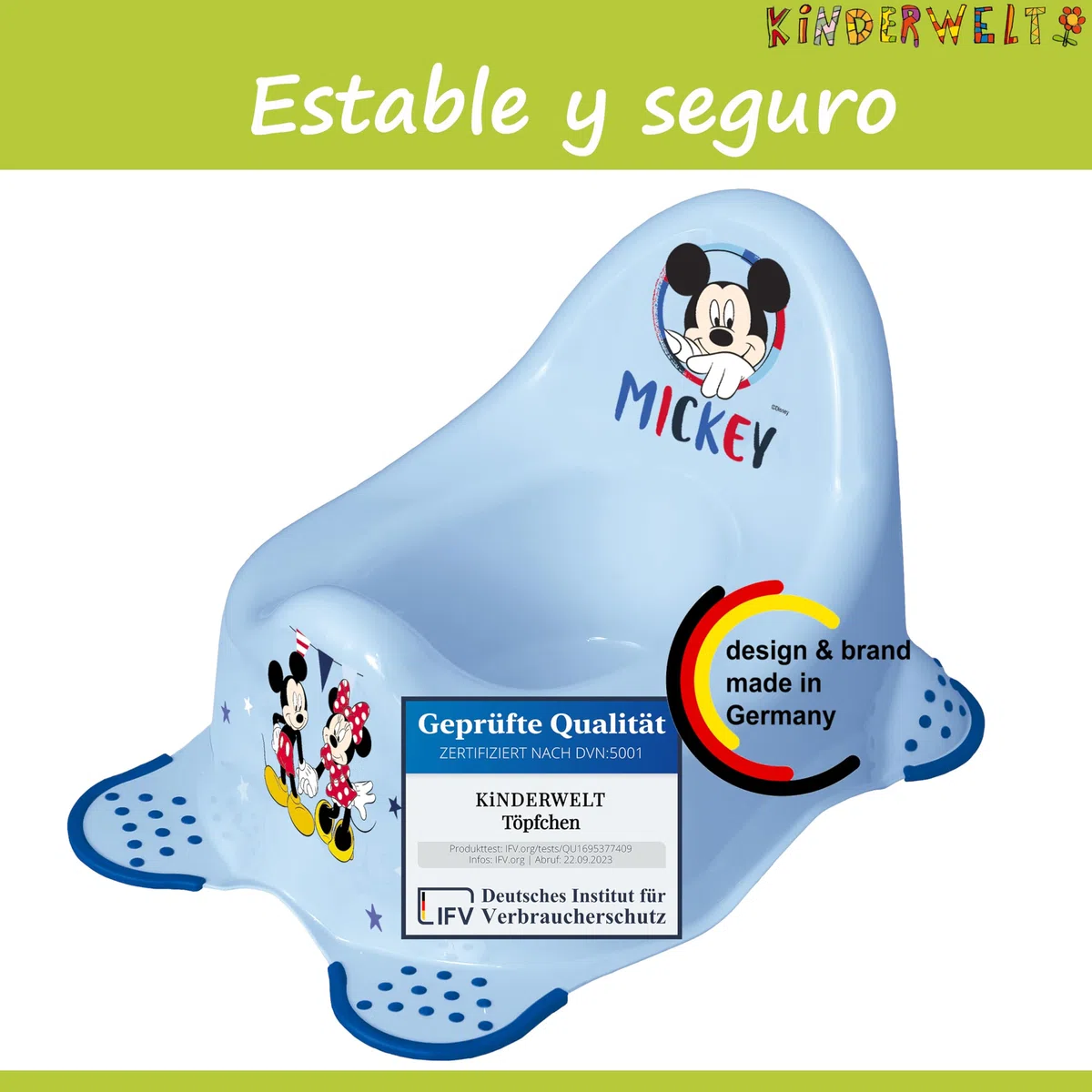 KiNDERWELT Orinal premium para niños y bebés, diseño Disney Mickey Mouse en azul, orinal para niños a partir de 18 meses, respaldo alto, antideslizante y libre de BPA