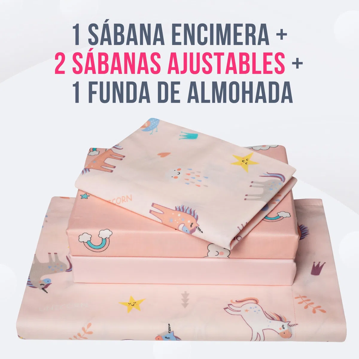 GOYSILA Sabanas Next2Me Chicco 4Piezas 100% Algodon Certificado Oeko-Tex Colchón 50x83cm 2 Bajeras 1 Encimera 1 Funda de Almohada Compatible Cuna Calidoo Lullago Kinderkraft (Unicornios)