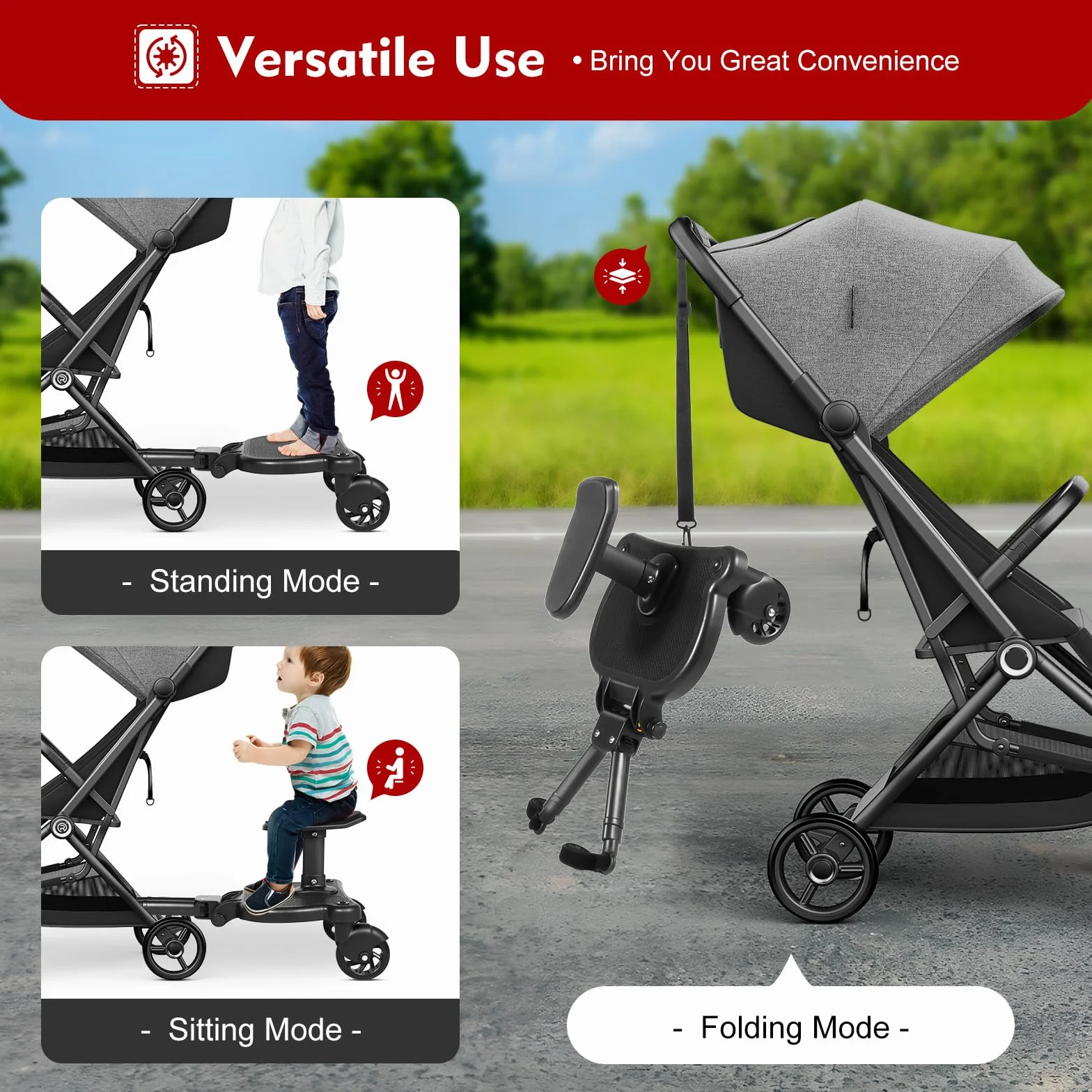 Monopatín universal para cochecito de bebé, con asiento, paseo de pie, cochecito con bolsa de almacenamiento, correa de suspensión, para bebé para, niños de 2 a 6 años, carga 25 kg, color negro