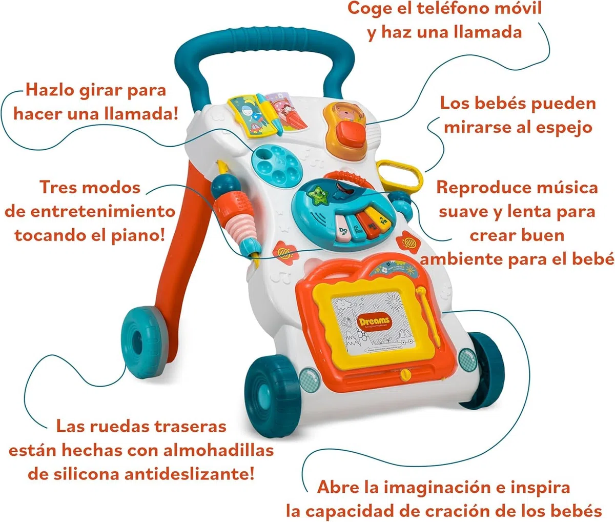 Correpasillos Bebé, Andador Bebé primeros pasos. Ruedas con velocidad regulable. Contiene instrumento musical, Pizarra y juguetes, a partir de 12M+ (BLANCO)