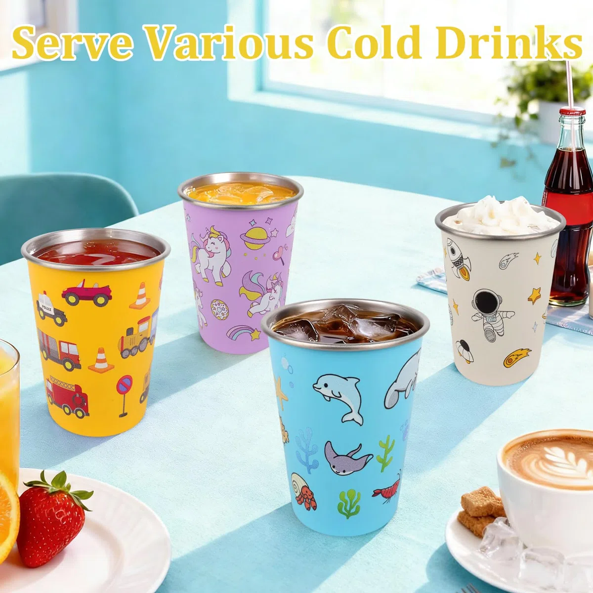 4 vasos infantiles de acero inoxidable, 350 ml, vasos de acero inoxidable, reutilizables, vasos para niños, con bolsa de almacenamiento para niños y niñas (diseño en 4 colores)