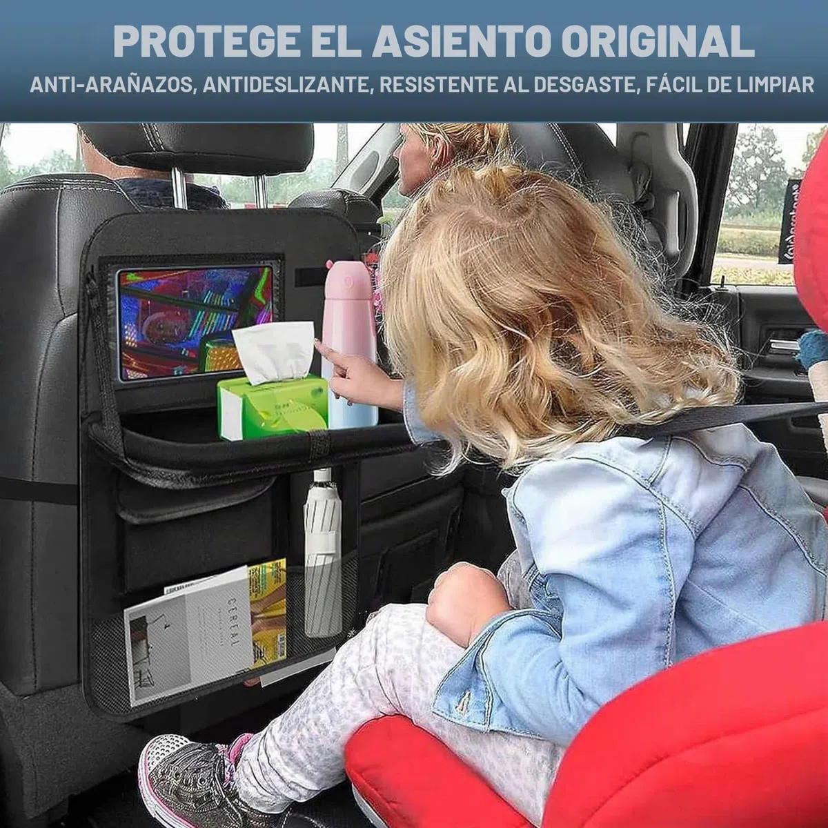Lote de 2 bolsas de almacenamiento para asiento de coche, organizador de asiento trasero de coche para niños con soporte de mesa plegable, equipado con una red de almacenamiento central para asiento
