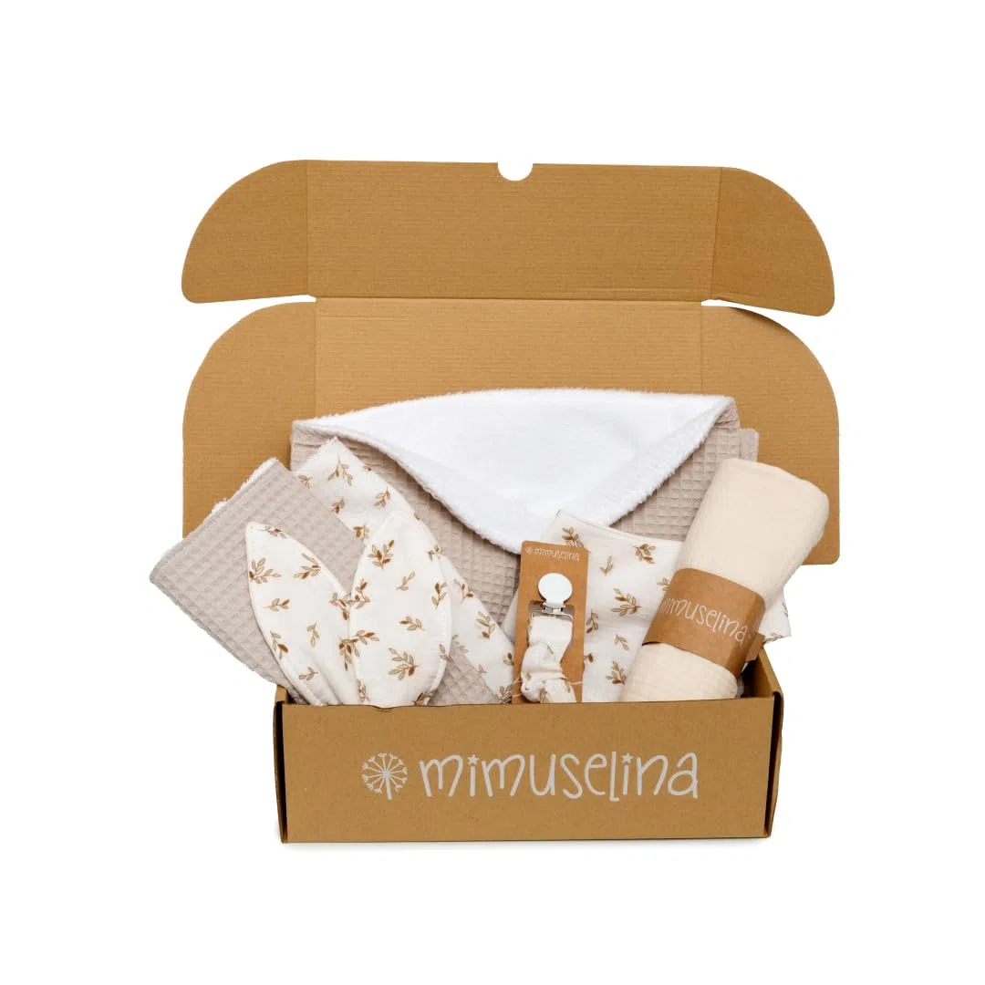 MIMUSELINA Pack Regalo Recien Nacido Niña o Niño | Cestas Bebe para Hospital o Baby Shower | Canastilla Bebe Recien Nacido Disponible en Diferentes Tamaños | Sahara, Small
