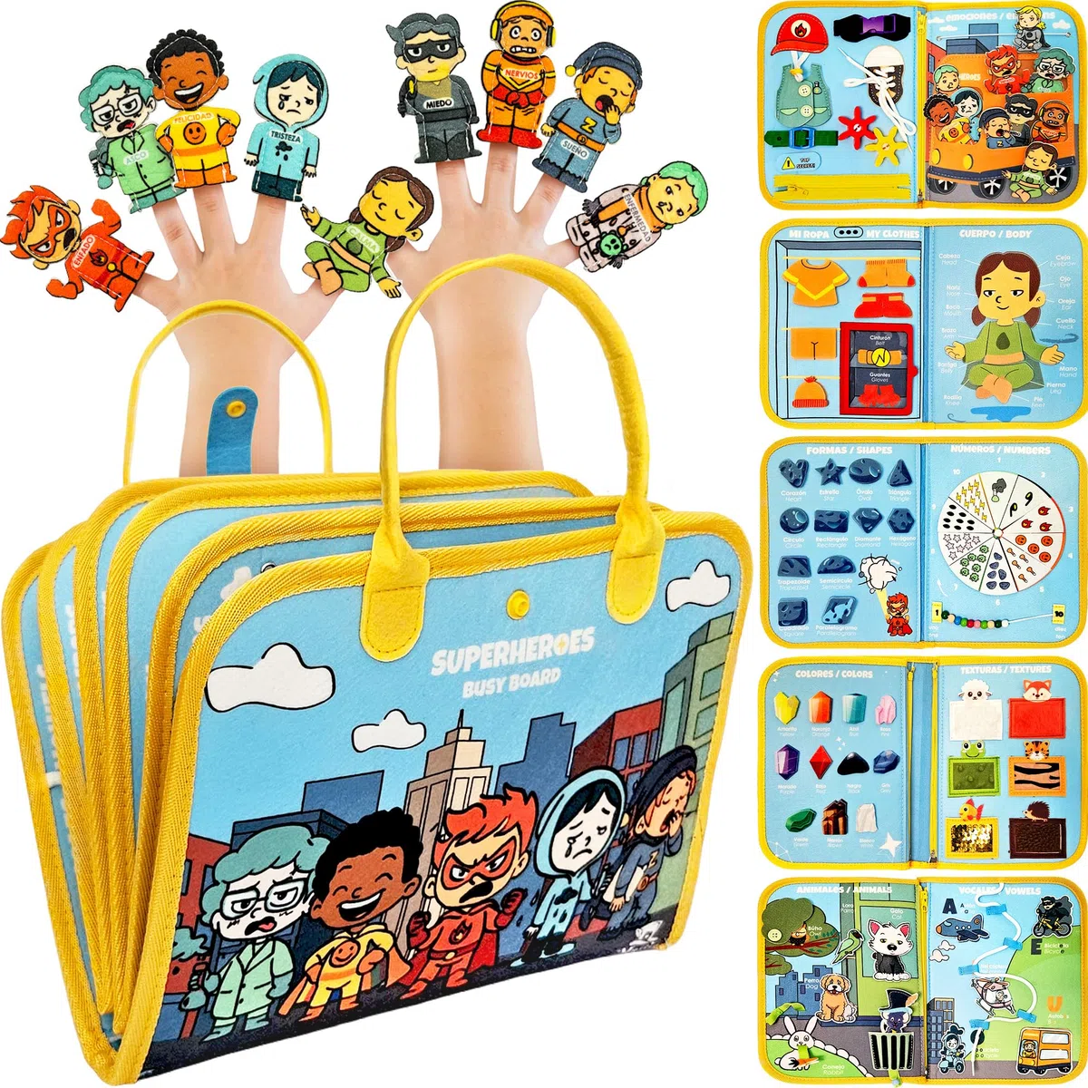 Libro Montessori 1 año 25 en 1 de Fieltro con Doble sujección|Superheroe Busy Board Montessori 1 año|Busy Book Español|Juguetes Montessori 1 años - Motricidad Fina Libro Texturas Bebe|Quiet Book