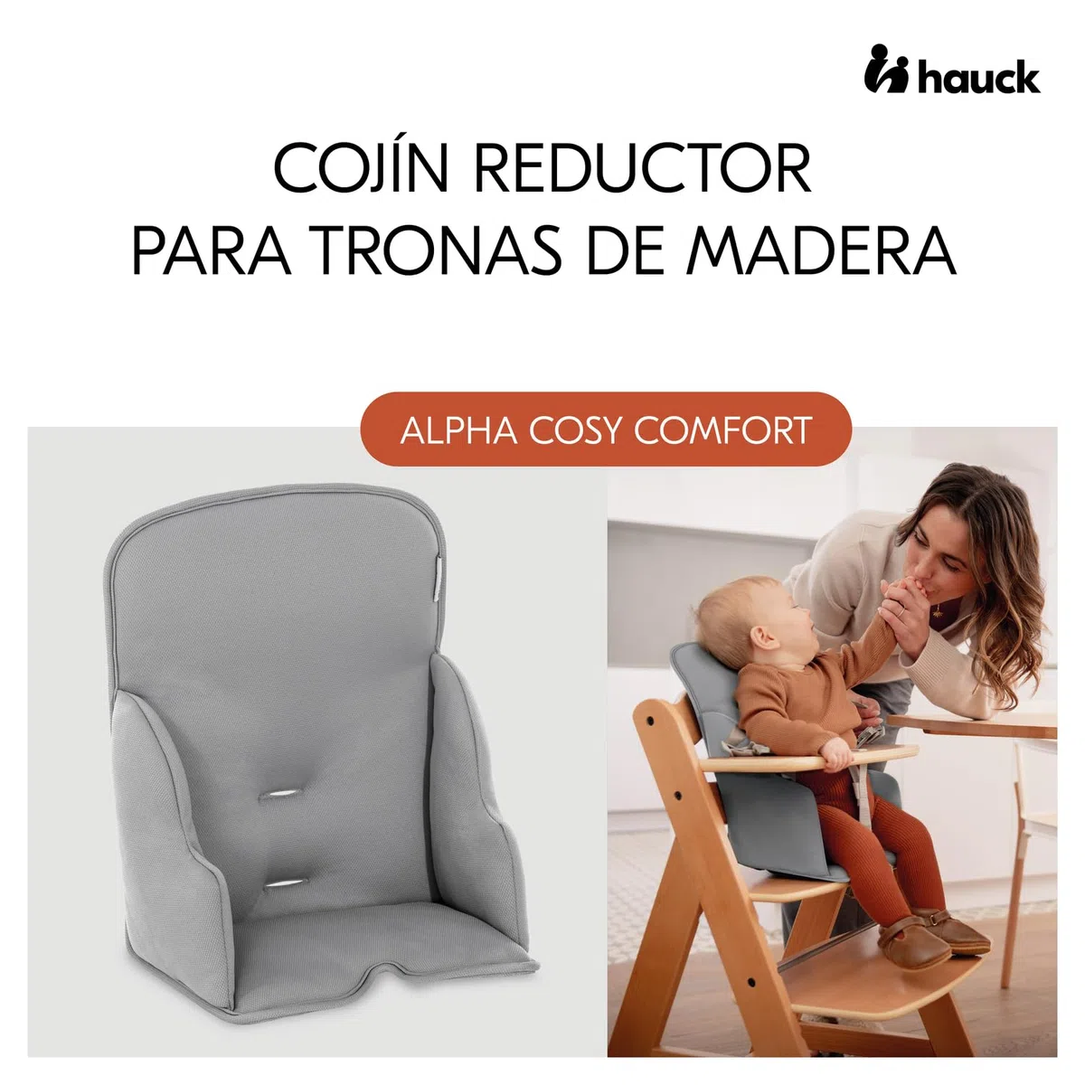 hauck Alpha Cosy, Gris - Reductor Acolchado para Tronas de Madera – Compatible con Alpha+, Beta+ y Arketa – Cojín con Respaldo Alto y Laterales Reforzados para Bebés de 6 a 36 Meses