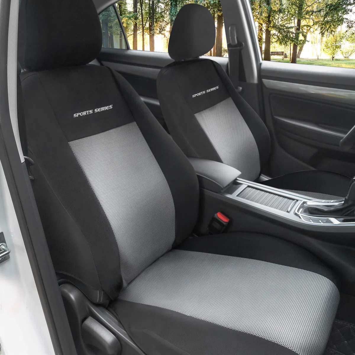eSituro Clásicas Juego de 2 Fundas para Asientos de Coche Universal Cubreasiento Indivudual para Furgonetas Delanteros con Reposacabezas Tela Gris Claro/Negro SCSC017234F