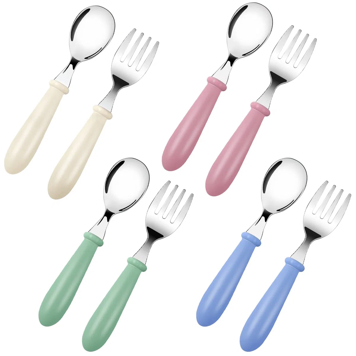 8 Pieza Cubertería Infantiles de Acero Inoxidable, Cubiertos bebe: 4 x Cena Tenedor, 4 x Cena cuchar, Cubierto para Uso en Hogar y Escuela(Azul Verde Rosa Blanco)