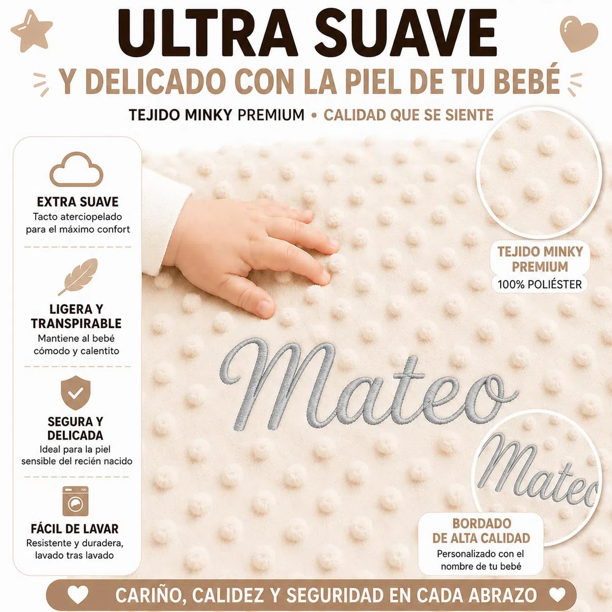 mibebestore Pack Manta Bebé Personalizada con Nombre con Doudou Bordado Regalo para Recién Nacido Niño o Niña Mantita Minky Suave 80x100 cm Dou Dou 25x25 cm para Cuna Coche - Oso Beige