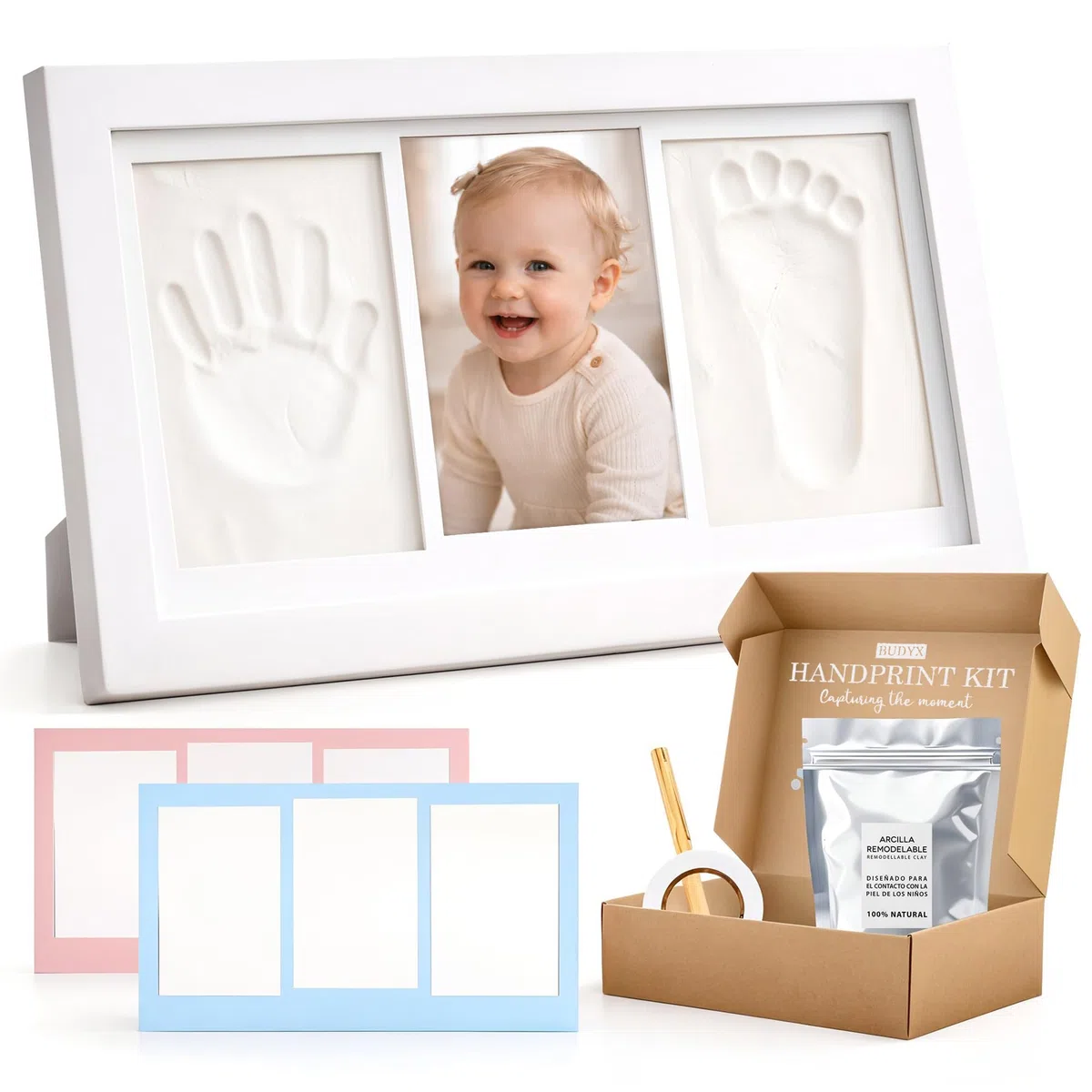 Marco Huellas Bebe Recien Nacido. Cuadro Regalo y recuerdo Original para Nacimiento, Bautizo, Bebes, Recien Nacidos, Embarazadas, Baby shower, Kit Foto para Bebé Niño, Niña con arcilla