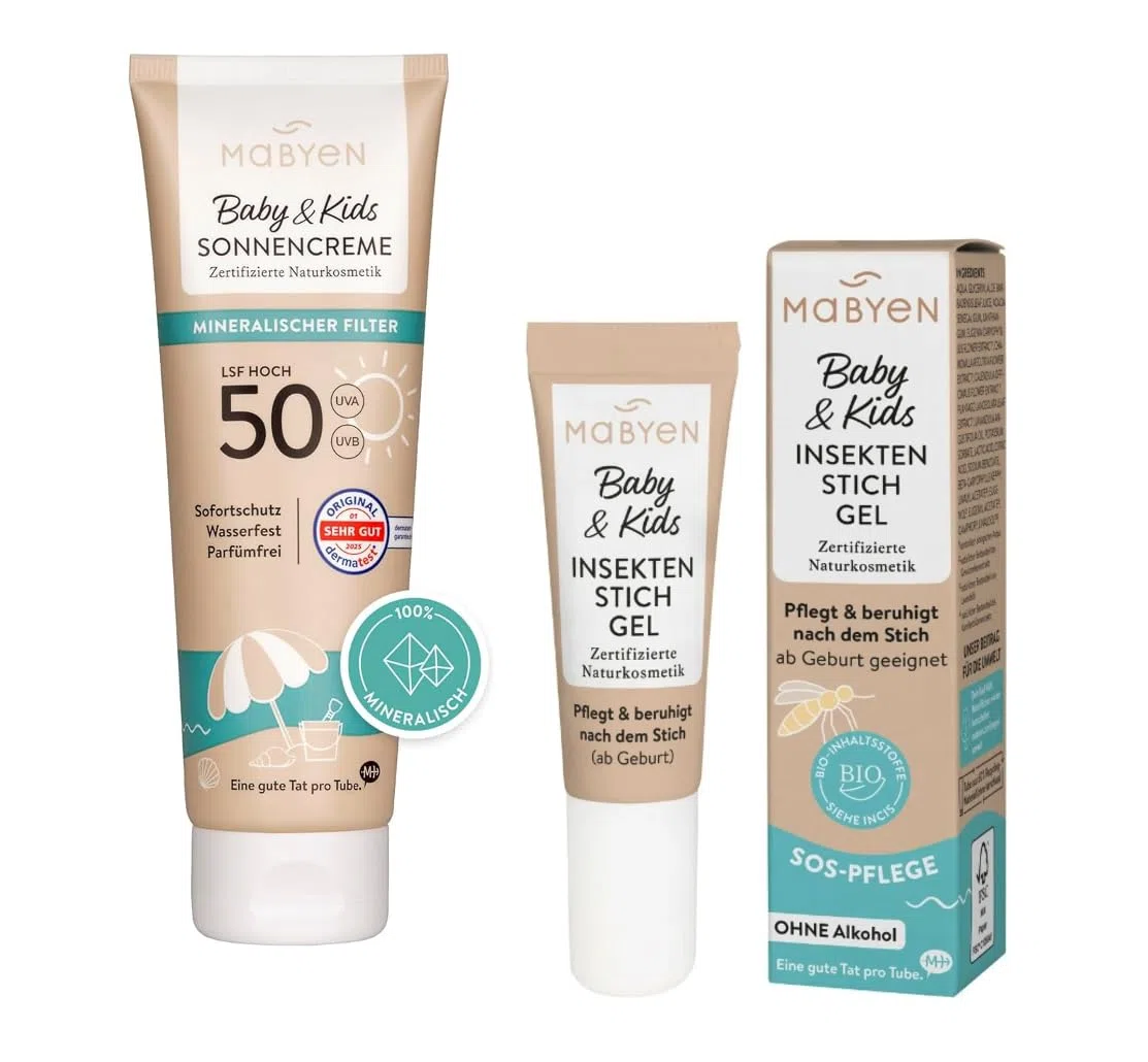 Set de protección solar Mabyen Baby & Kids: crema solar SPF 50 + gel para picaduras de insectos – Protección UV mineral y tratamiento contra el picor – A partir del nacimiento