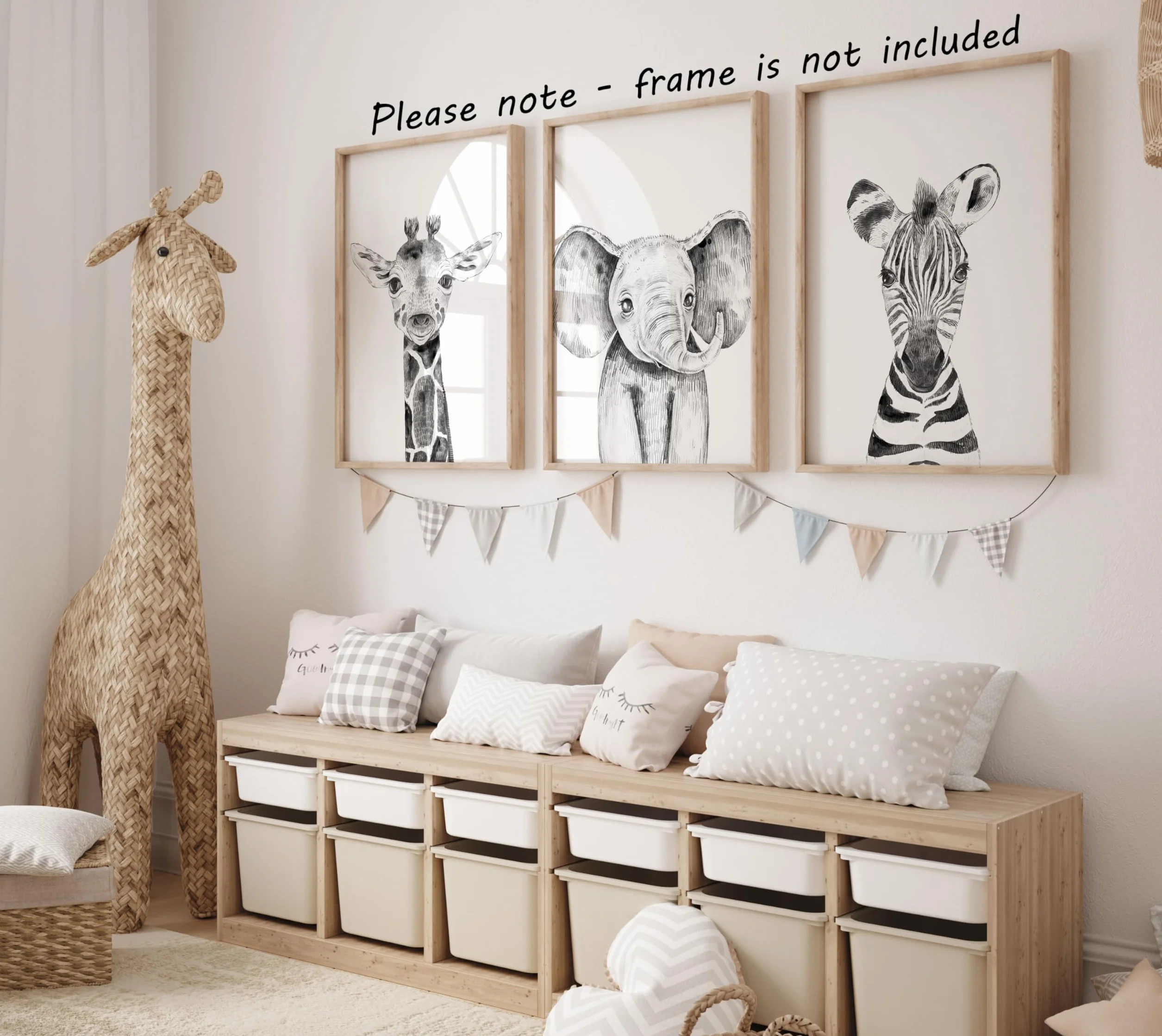 Eviepops Prints Animales del Safari Set de 3 Láminas Sin Marco para Habitación de Niño o Niña, Pósters de Arte de Pared para Decoración de Dormitorio, Negro Blanco, Jirafa Elefante Cebra (A3)