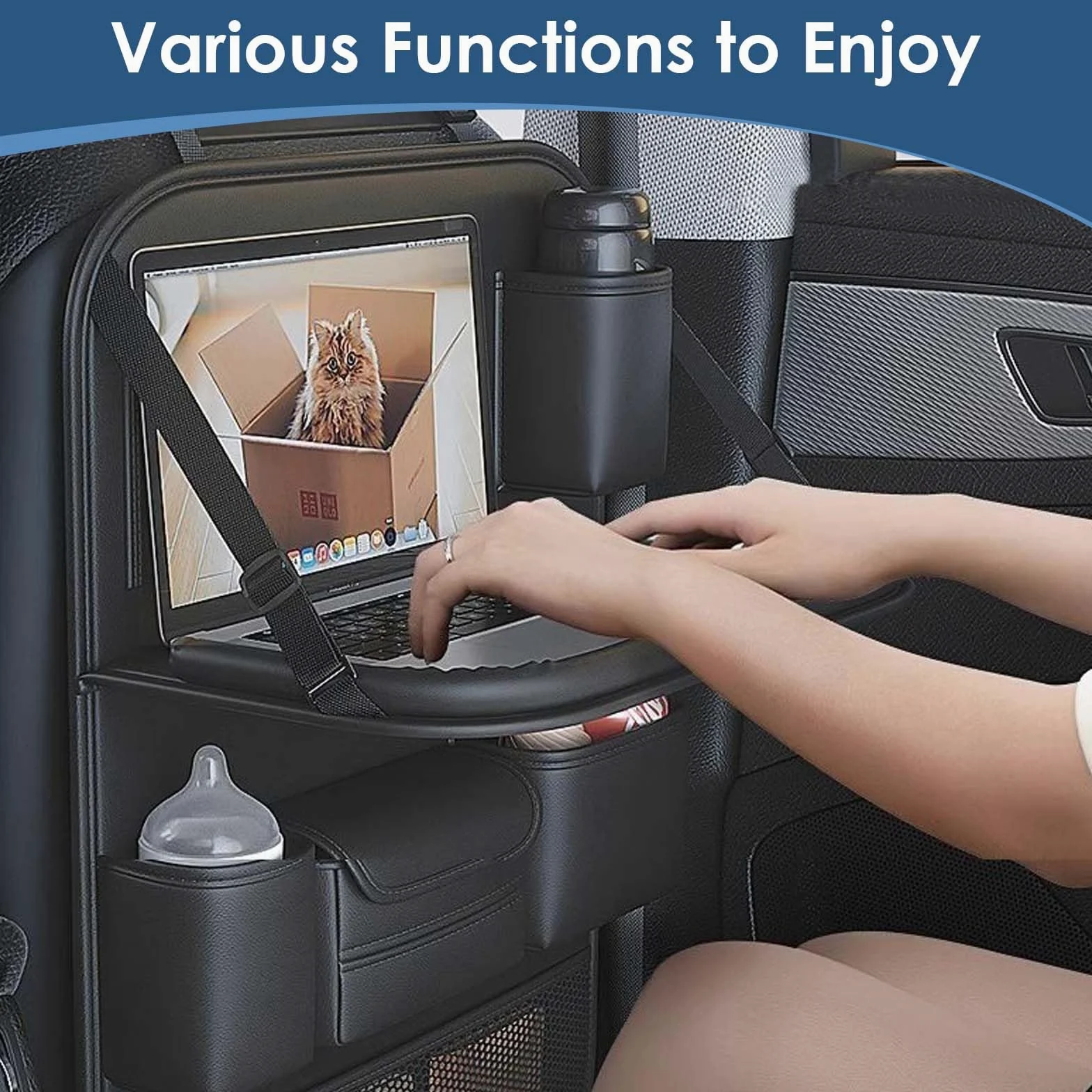 Organizador Coche Asiento, Protector Asiento Coche Respaldo, Multi Bolsillo Almacenamiento de Coche, Organizador para Coche con Mesa Plegable para iPad Tablet Botella Bebida, Negro, 61x42 cm