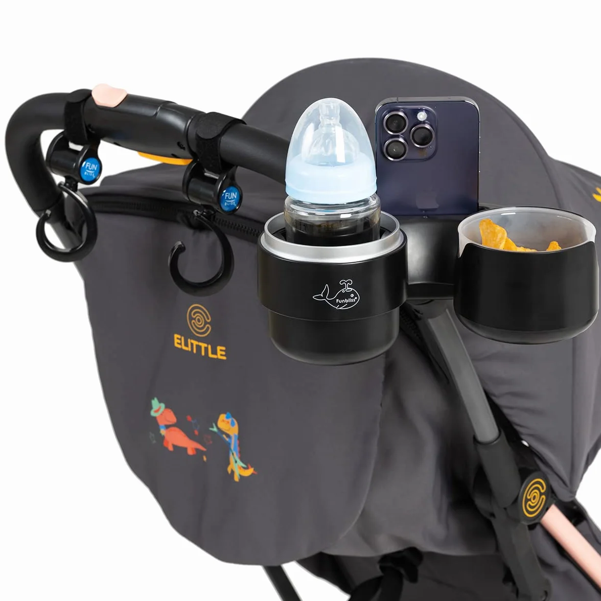 Funbliss Portavasos para Cochecito con Soporte para teléfono, Ajuste Universal Portabotellas, Portavasos Carrito Bebé, con 2pcs Gancho,Colector de Aperitivos Gratuito