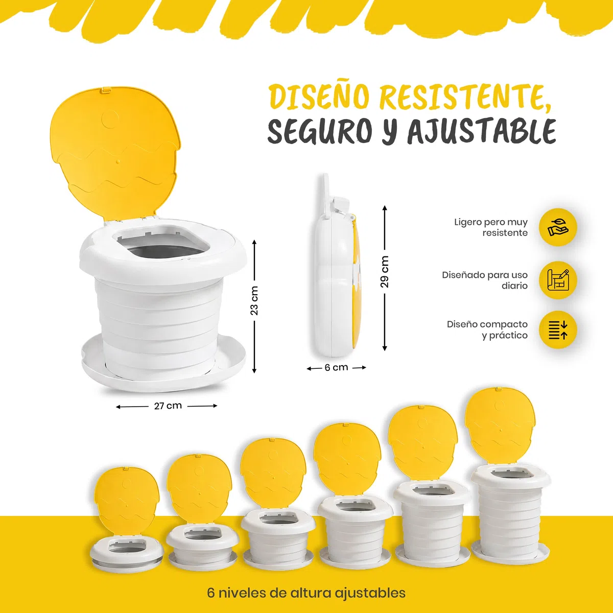 Orinal Portátil Niños Plegable | Orinales Infantiles con 6 Alturas Ajustables | Soporta Hasta 50Kg | Incluye Funda de Transporte y 20 Bolsas Desechables (Amarillo)