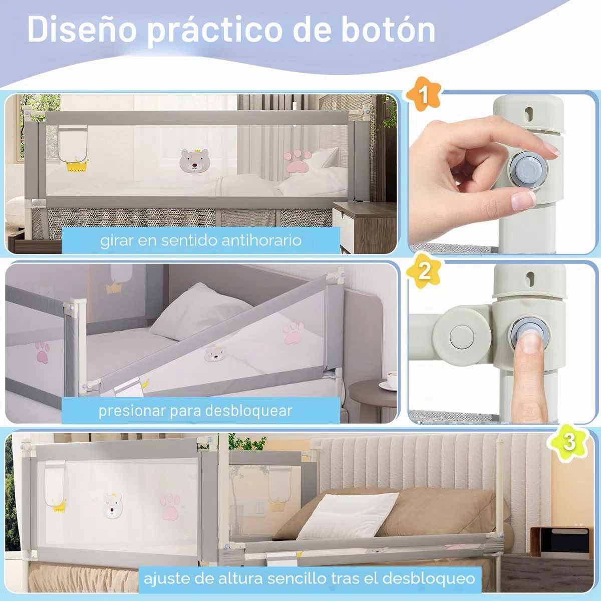 Ikodm Barrera de cama de 150 cm, protección contra caídas, barandilla de cama para niños y camas de matrimonio, altura ajustable de 70-98 cm, estable, gris