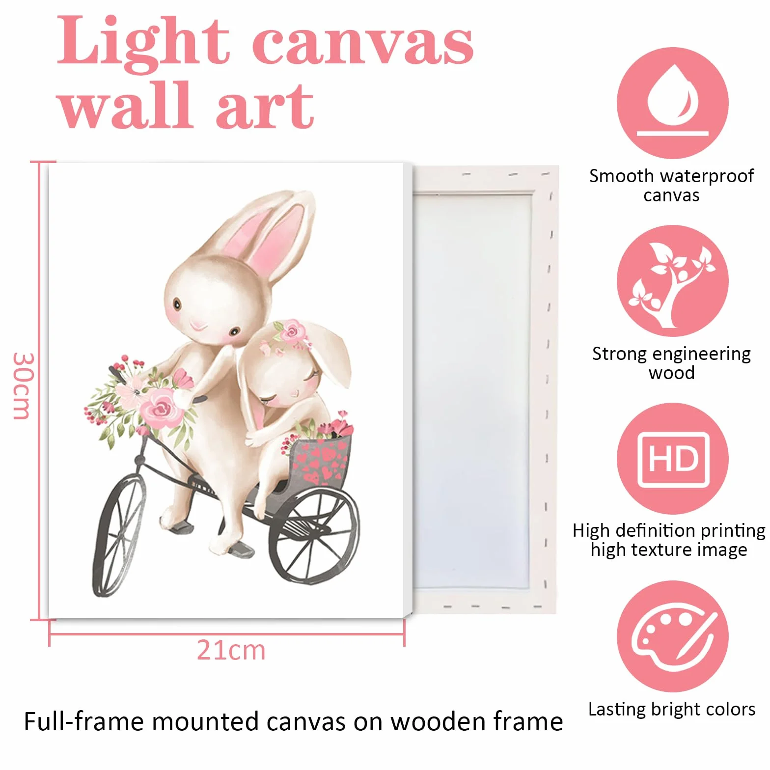 Zamety Juego de 3 imágenes para habitación infantil de niña, conejo de conejo, cuadros en lienzo para habitación de bebé con marco, cuadros infantiles para dormitorio, decoración de pared, salón, 21 x