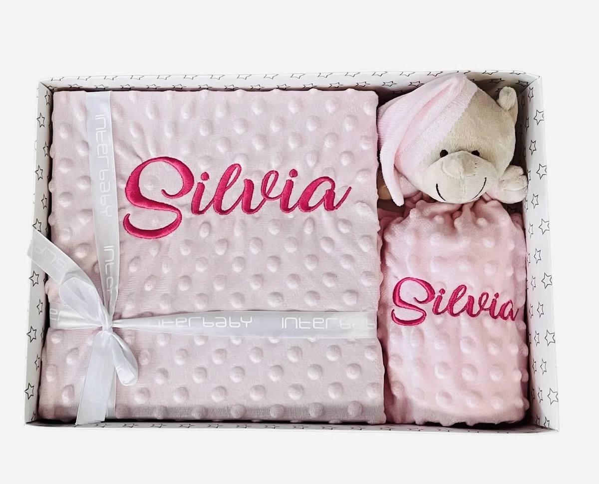 Danielstore Set de Manta Bebe + Dou Dou Personalizado con Nombre Bordado Manta Personalizada Regalo Bebe Recien Nacido Regalo Baby Shower Tacto Aterciopelado -Color Rosa