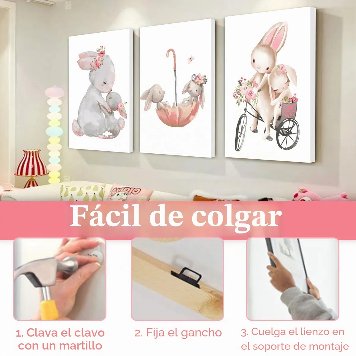 Zamety Juego de 3 imágenes para habitación infantil de niña, conejo de conejo, cuadros en lienzo para habitación de bebé con marco, cuadros infantiles para dormitorio, decoración de pared, salón, 21 x