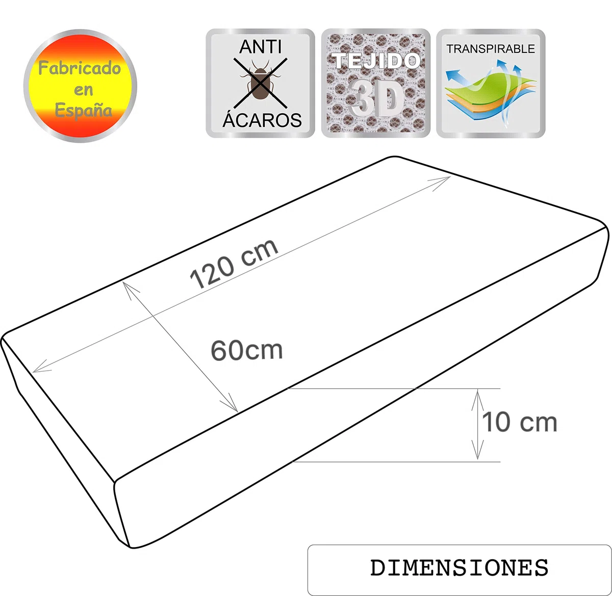 PEKITAS Colchón Cuna 60x120 cm Grosor 10 Cm Doble Cara Aloe-3D Funda Lavable Transpirable Firme Bebé