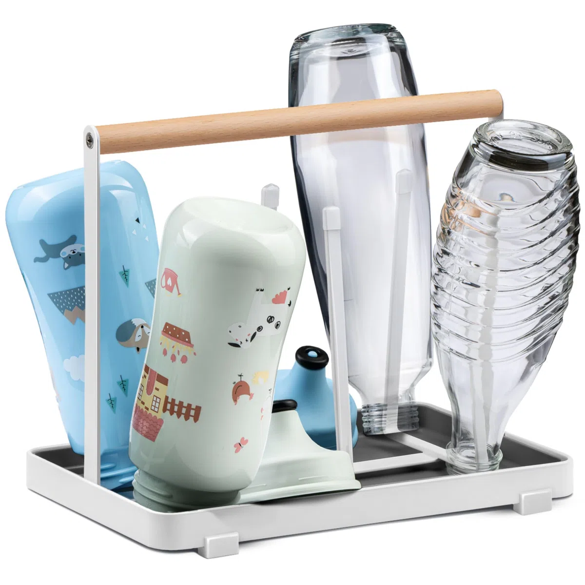 D&D Living® Soporte de Botellas Todo en Uno para SodaStream - Escurreplatos Universal para Botellas de Todo Tipo: Duo/Crystal/Easy, Bebidas y para Bebés - Soporte de Secado (Metal, Blanco)
