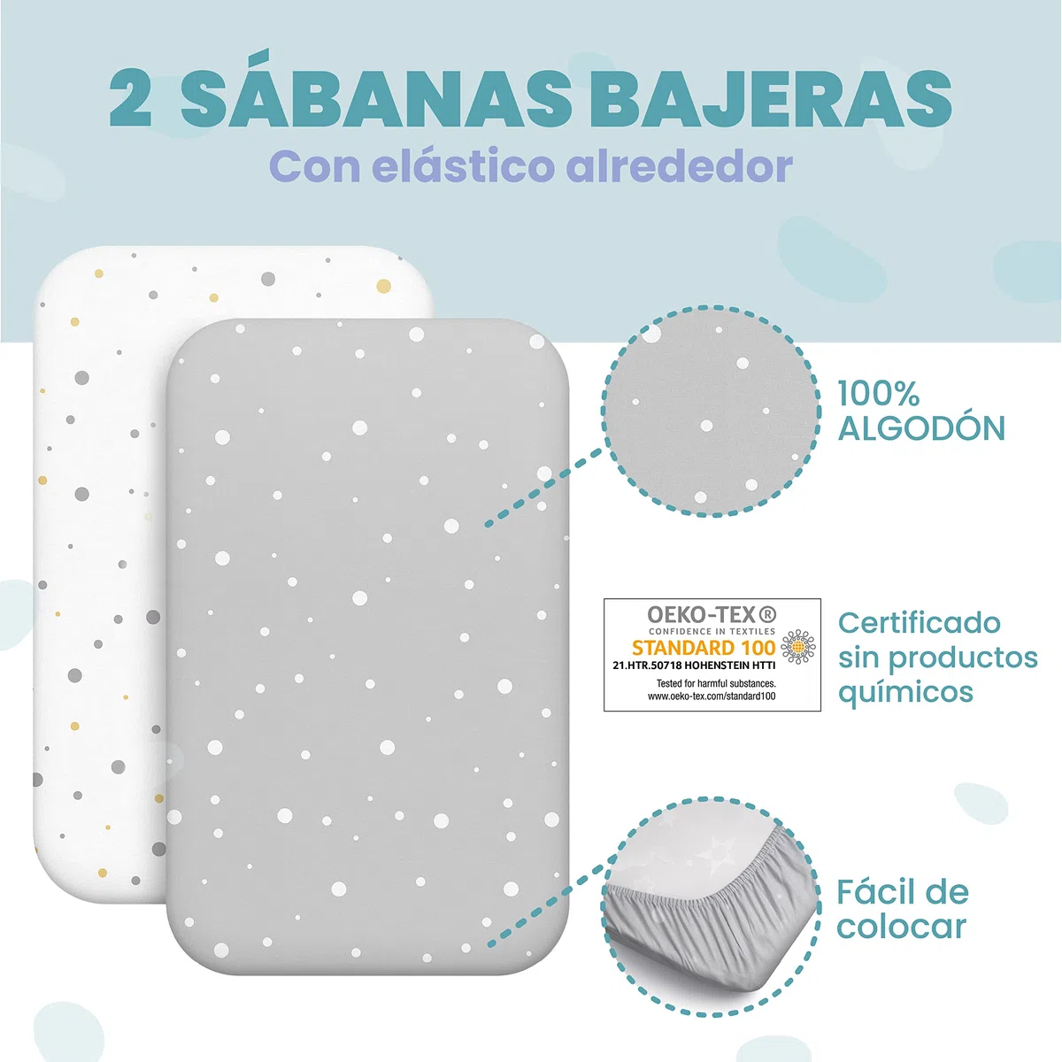 Sábana Bajera Cododo (Juego de 2) + 1 Protector de colchón Impermeable con elástico, 3 en 1, tamaño 50 x 83 cm, Compatible con cunas, Cama de colchón Cododo Bebe para niña y niño, diseño Gris