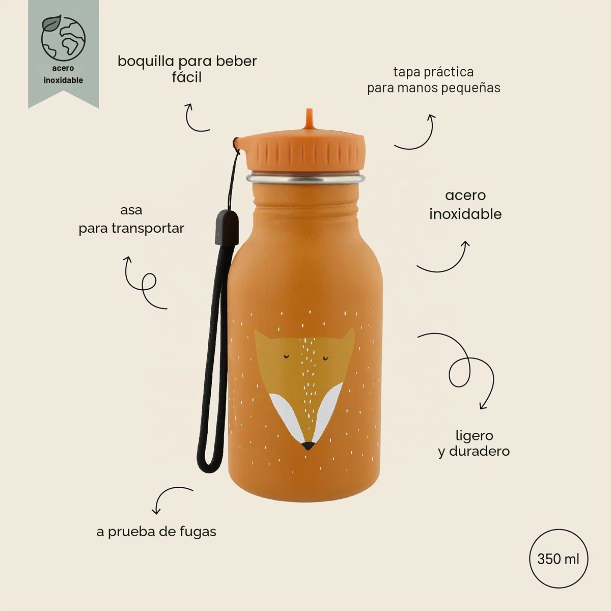 Trixie - Botella de Beber Para Niños de Acero Inoxidable 350 Mililitros - Mr. Fox (Zorro)