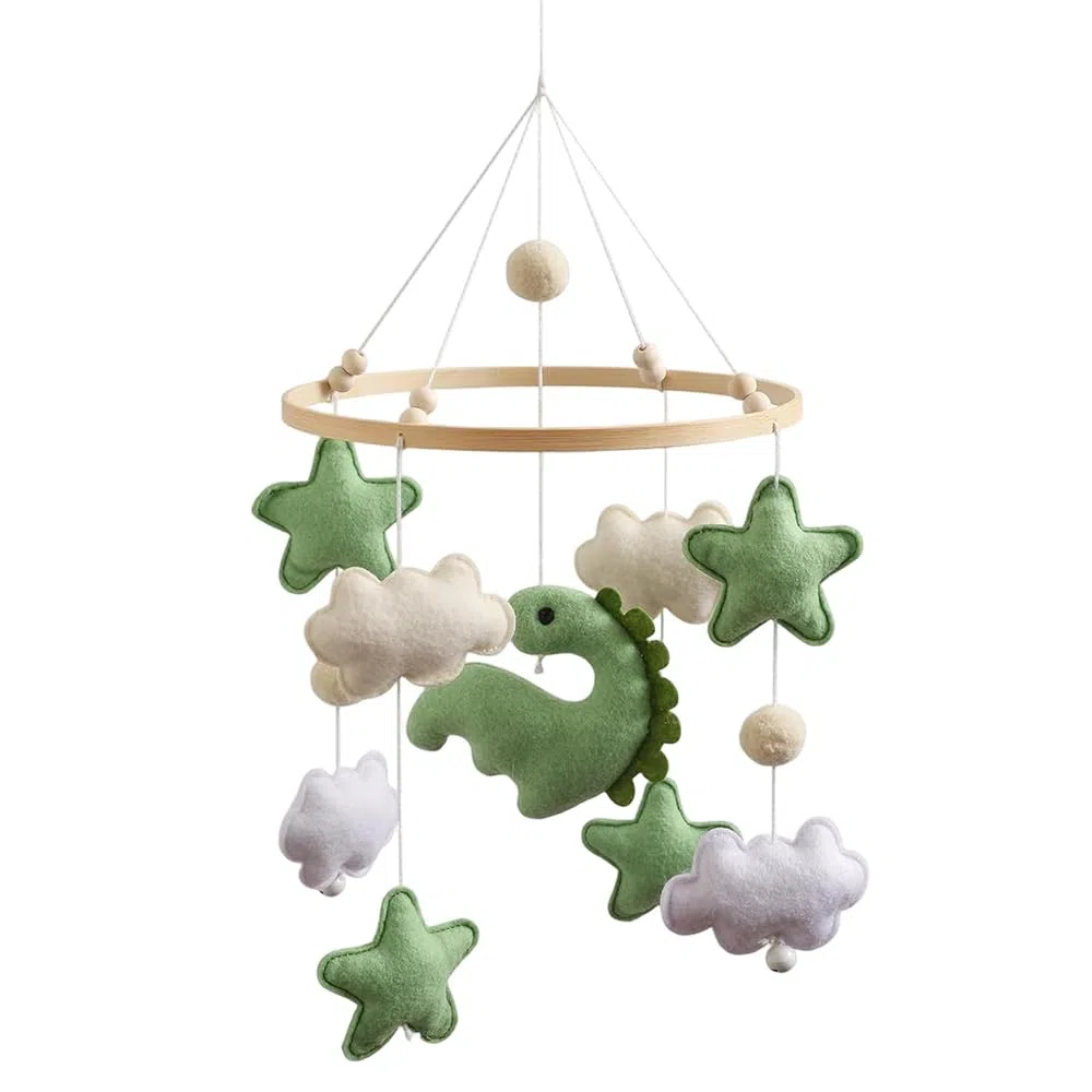 Movil Cuna Bebé de Madera con Dinosaurios, Estrellas y Nubes en Fieltro, Decoración Colgante para Habitación Infantil, Regalo