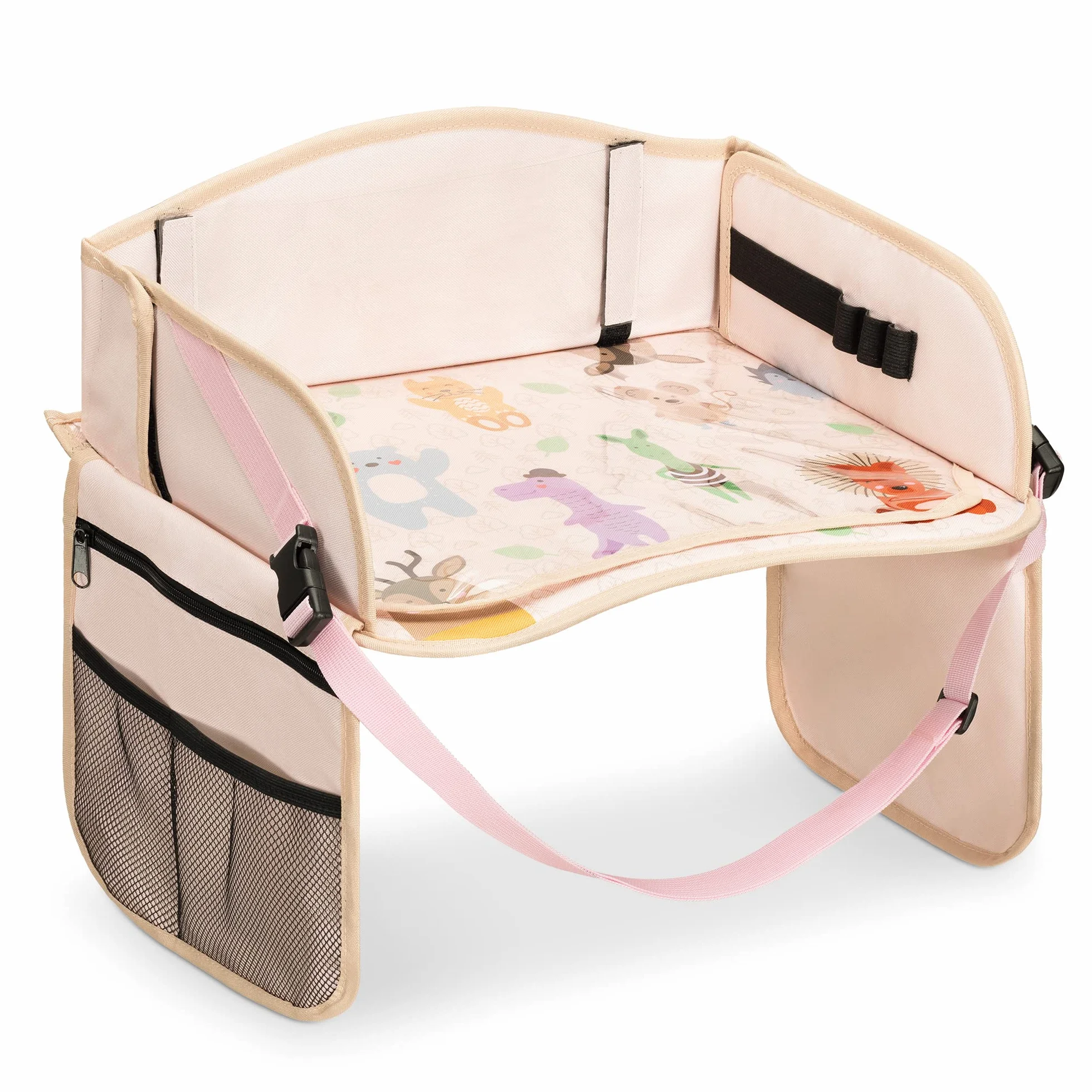 Navaris Mesa de Coche para niños - Bandeja Infantil para Viaje Cochecito avión - para Dibujar apoyar Tablet Snack Botella - Plegable con Bolsillos