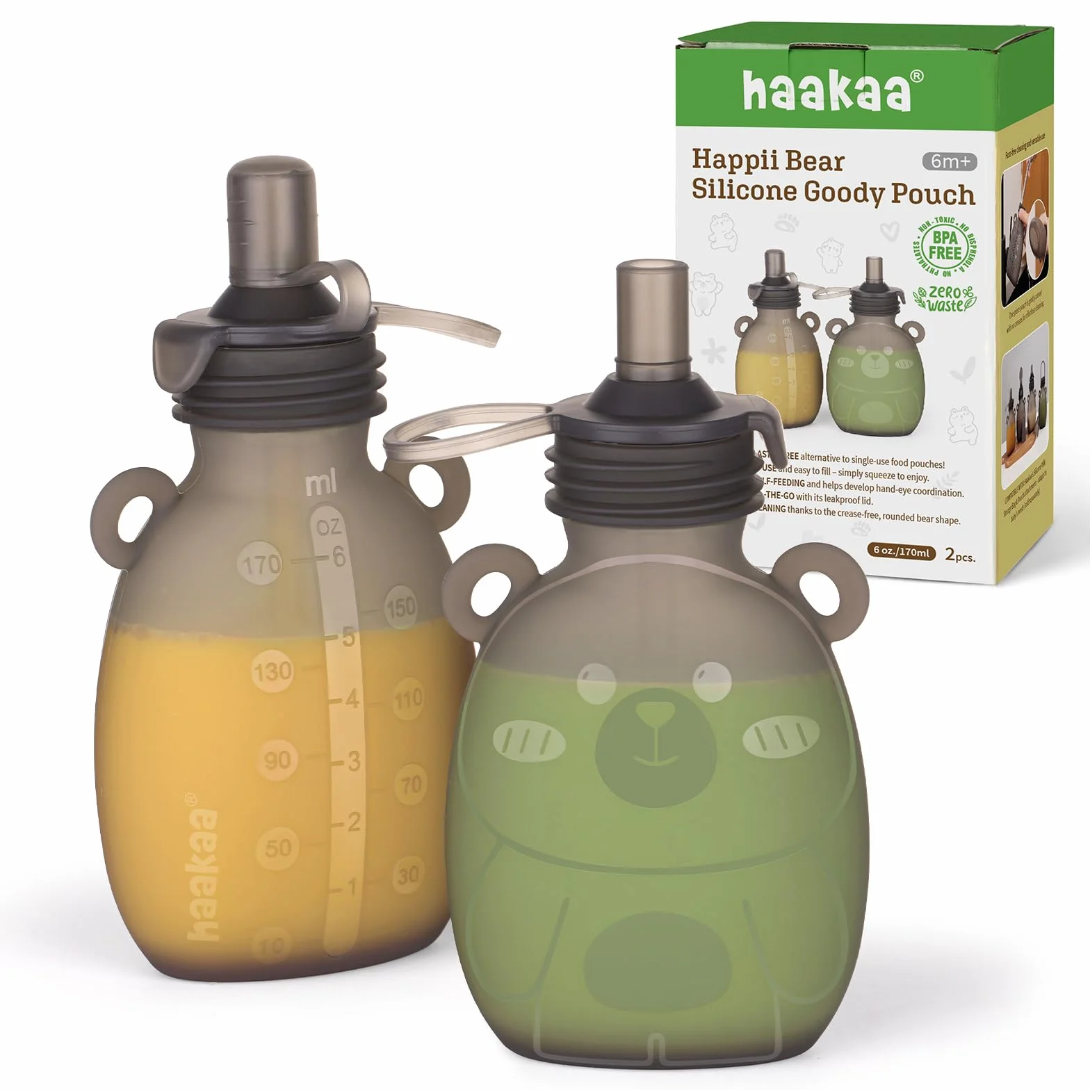 haakaa Happii Bear - Bolsa de silicona reutilizable para alimentos para bebés para purés orgánicos caseros, jugos, batidos y yogur, perfecta para niños pequeños y niños, paquete de 2, 6 onzas