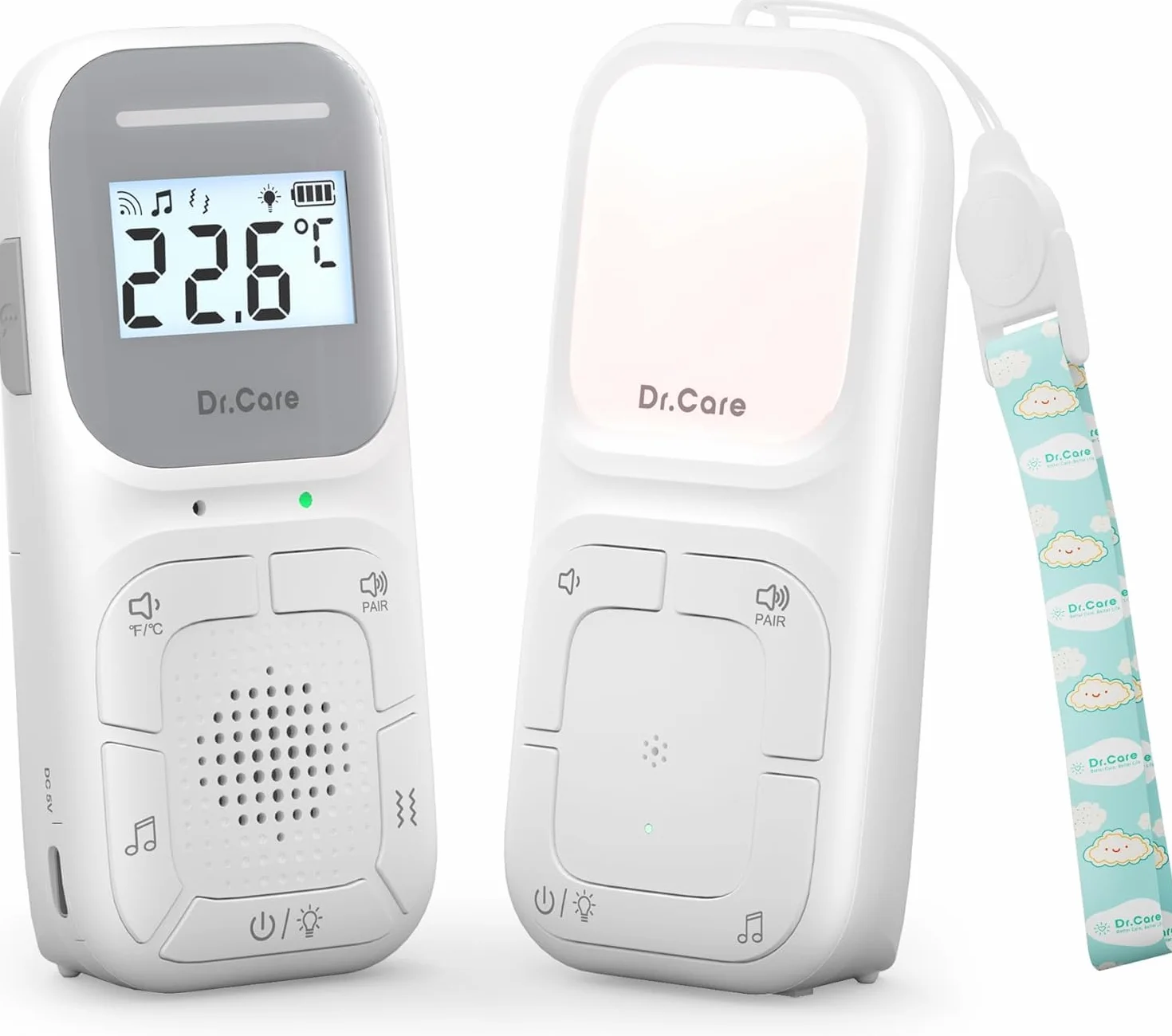 Dr.Care Neo Go Monitor de Audio Portátil para Bebés Ayuda para Dormir con Alcance de 300m, Batería de Día y Noche, Clip Portátil, VOX, Luz Nocturna, 8 Canciones de Cuna, Alarma por Vibración, Cordón