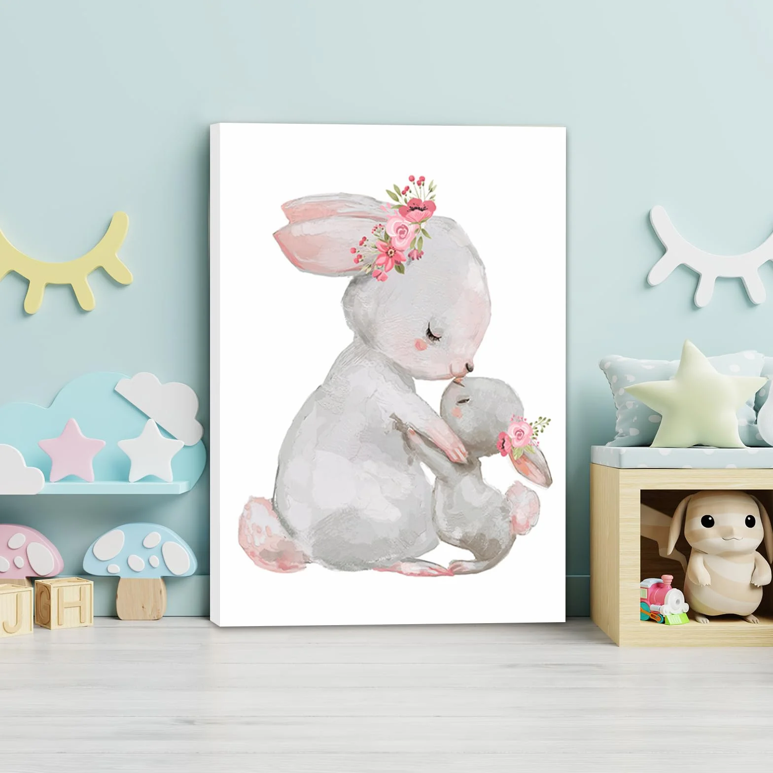 Zamety Juego de 3 imágenes para habitación infantil de niña, conejo de conejo, cuadros en lienzo para habitación de bebé con marco, cuadros infantiles para dormitorio, decoración de pared, salón, 21 x