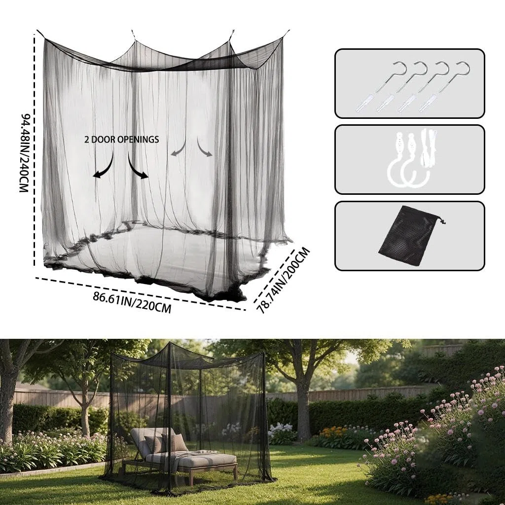 Mosquitera Cama Hillylolly Mosquitera Grande Exterior/Interior, Tela Mosquitera Cama Matrimonio/Individual, Mosquitera Cuadrada para Terrazas, Cenadores, Jardines (Negro 2 Puerta, 2.2x2x2.4m)