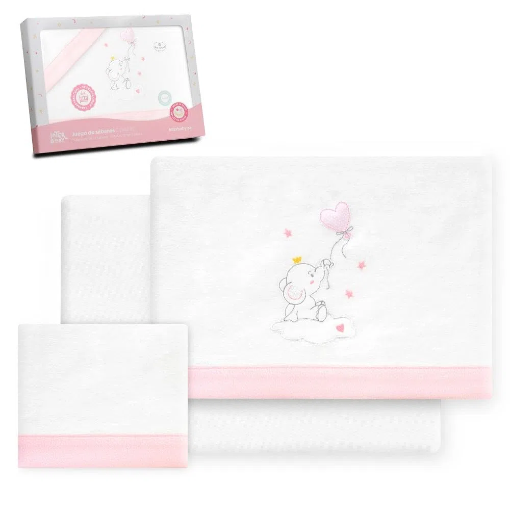 Interbaby - Juego Sabanas Cuna 60x120 Algodon 100% | Sabana Cuna Franela, Cálida, Suave | Incluye Sabana Bajera, Encimera y Funda de Almohada | Ideal para Invierno | Elefante Globo Corazón Blanco/Rosa