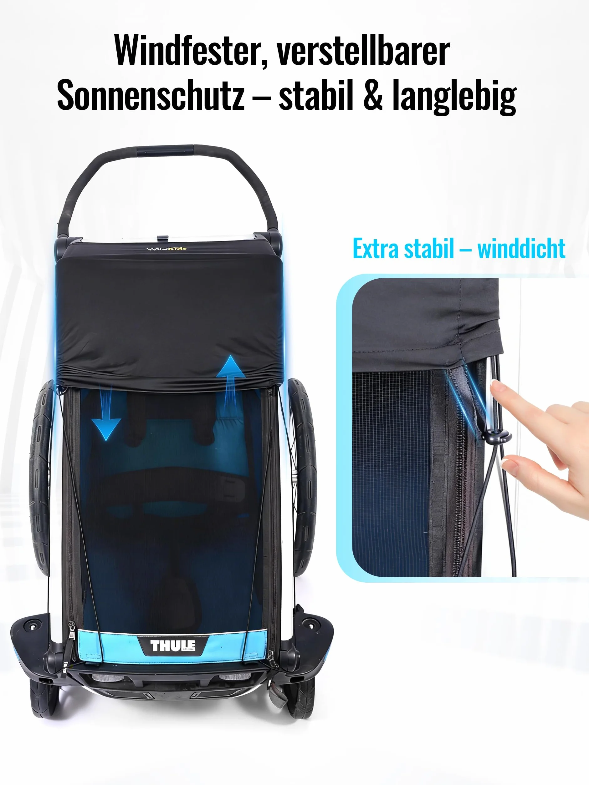 Wildkids Parasol para remolque de bicicleta (remolque individual para niños), protección solar UPF50+, con cordón ajustable, compatible con Thule, Kesser, Hauck y otras marcas