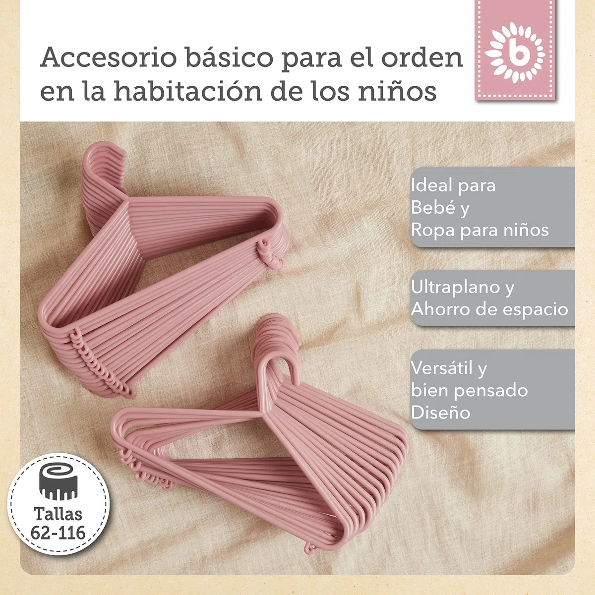 Bieco Perchas para niños, 32 unidades, color rosa viejo, perchas para bebés, organizador de bebé, perchas para niños, separadores de tamaño para bebés