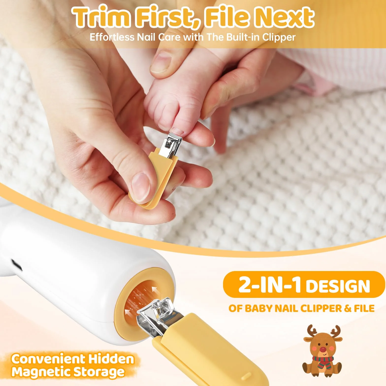 Lima Electrica Uñas Bebe, Lima Uñas Bebe con Cortauñas Bebe, Recargable, Iluminado, 5 Cabezales de Esmerilado, Apto Para Todas Las Edades, Bajo Nivel de Ruido, Fácil de Manejar, Ciervo Amarillo
