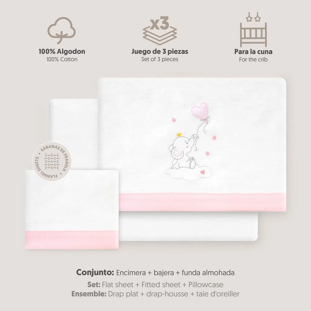 Interbaby - Juego Sabanas Cuna 60x120 Algodon 100% | Sabana Cuna Franela, Cálida, Suave | Incluye Sabana Bajera, Encimera y Funda de Almohada | Ideal para Invierno | Elefante Globo Corazón Blanco/Rosa