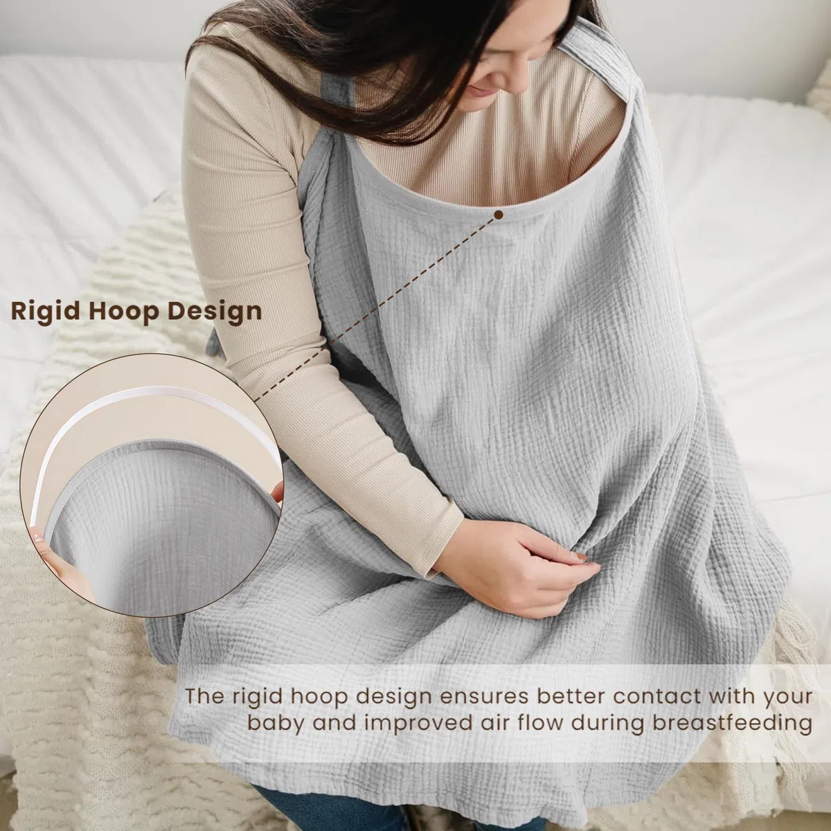 Konssy Funda de muselina para lactancia materna, transpirable, 100% algodón, con aro rígido para delantal de lactancia, toldo multiusos para asiento de coche (Gris)
